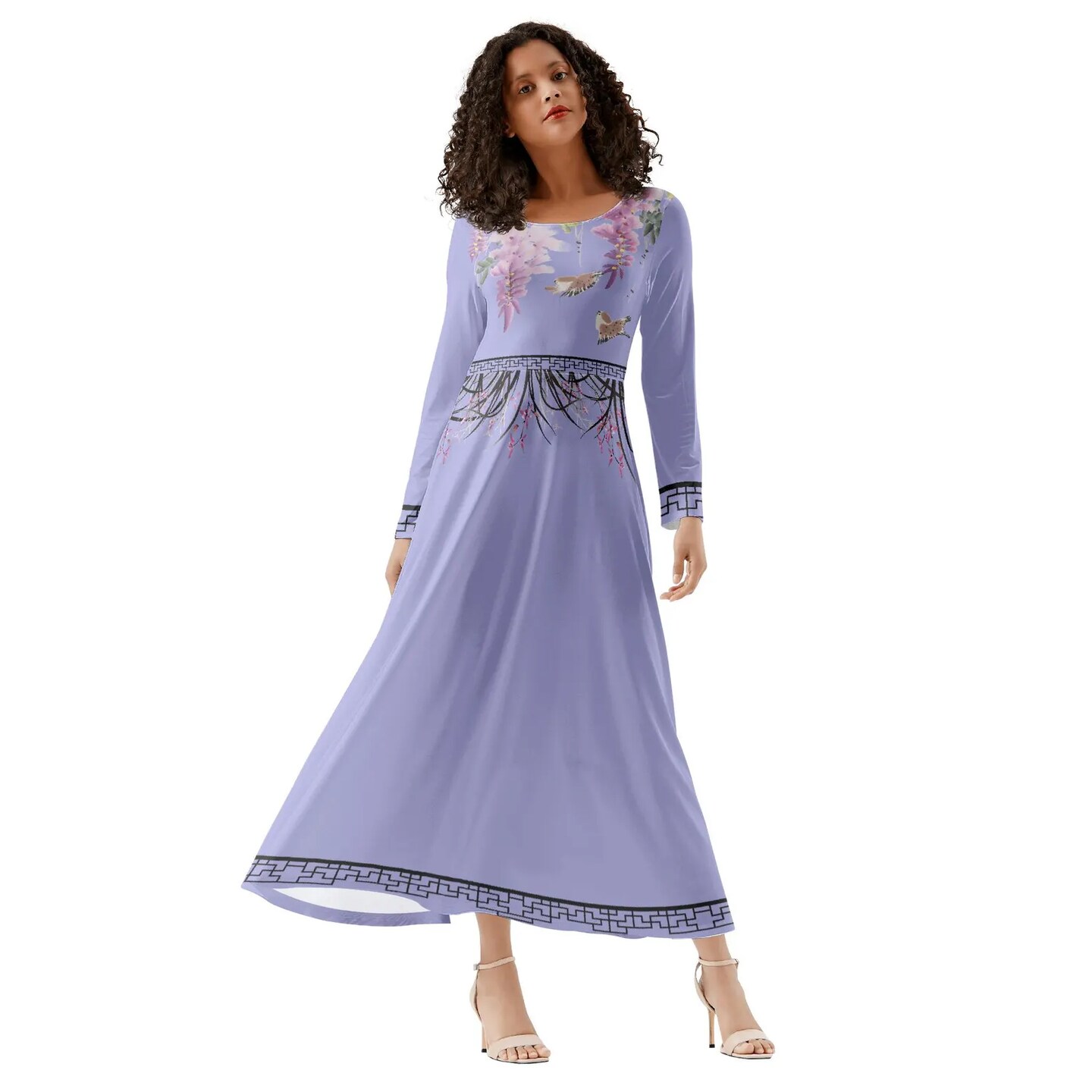 product name is Wisteria Flowers Women's Long Dress- Lilac Color - Asian style design - Long sleeves - Soft and Light Fabric - Flowing Skirt
