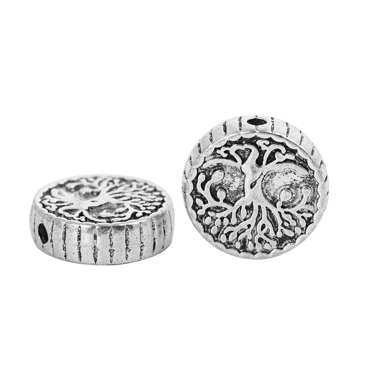 *10* 15mm Antique Silver Tree Of LIfe Coin Beads