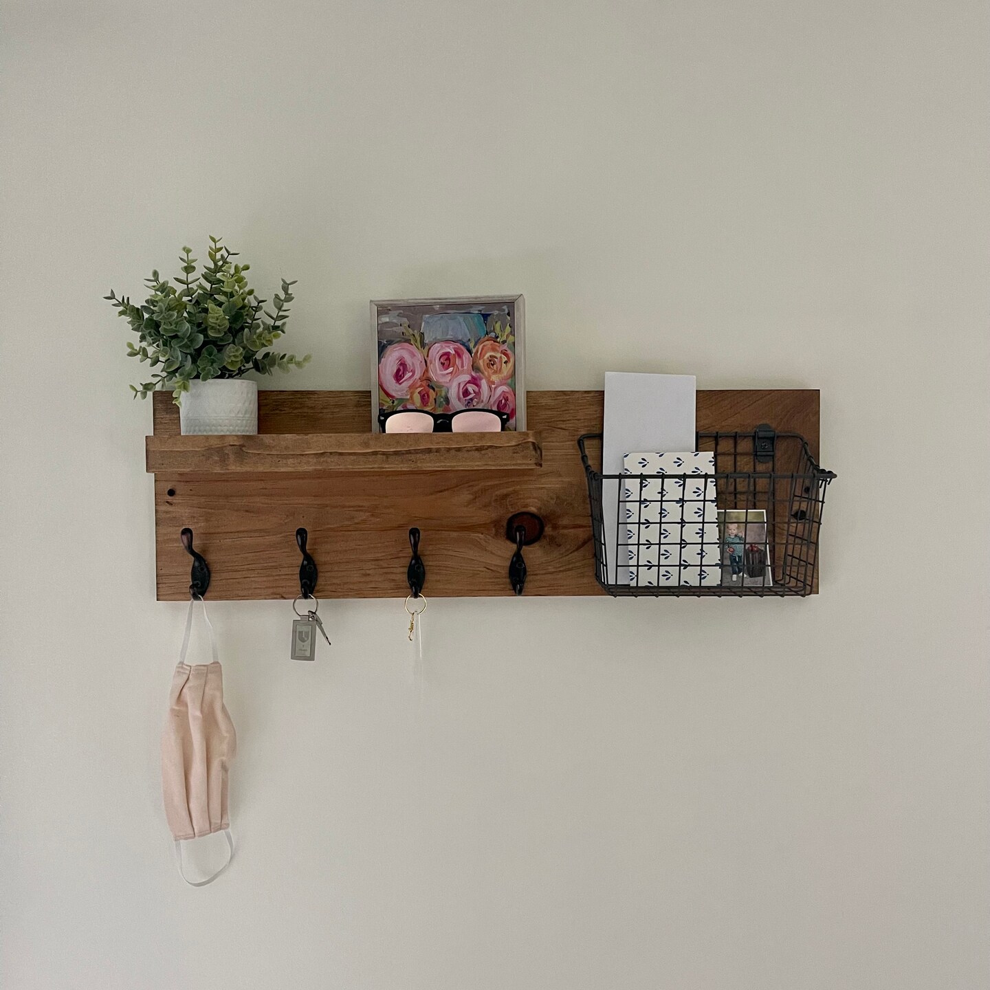 The ALLISON: Industrial Entryway Organizer with Basket and Hooks