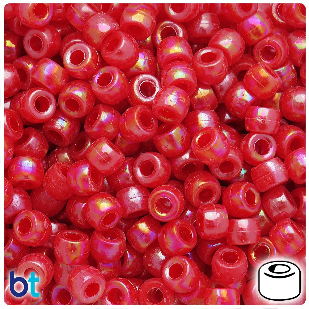 BeadTin Red Opaque AB 9x6mm Barrel Plastic Pony Beads (300pcs)