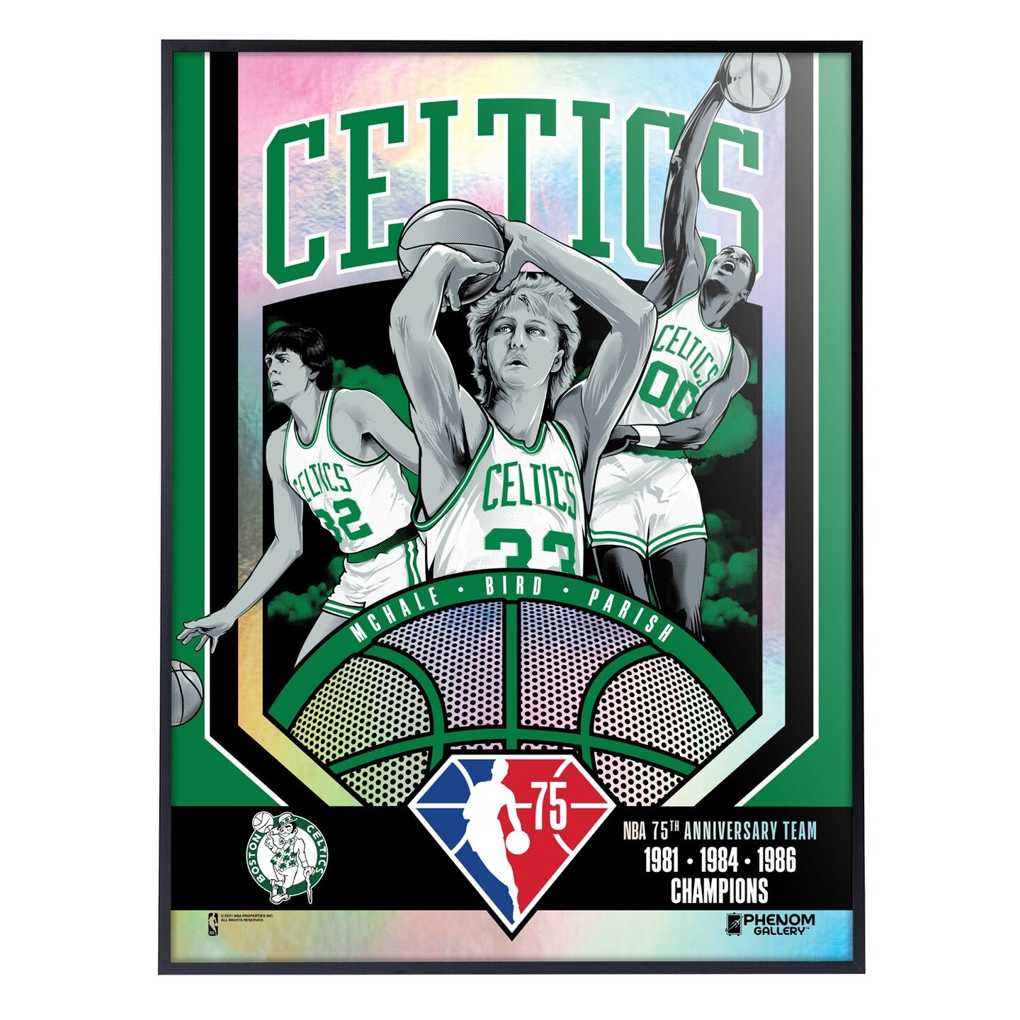 Phenom Gallery Boston Celtics 75th Anniversary 80&#x27;s NBA Champs 18&#x22; x 24&#x22; Foil Serigraph