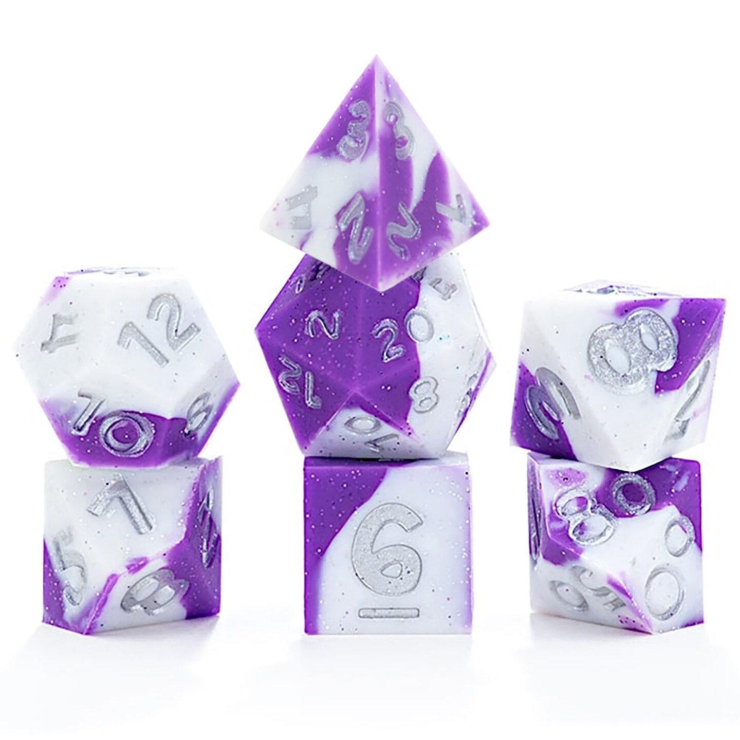 Gate Keeper Games &#x26; Dice: Anti-Stress Dice - Amesquisht - 7pc RPG Set, Violet &#x26; White Silicone w/ Holographic Glitter, Role Playing Games Accessory