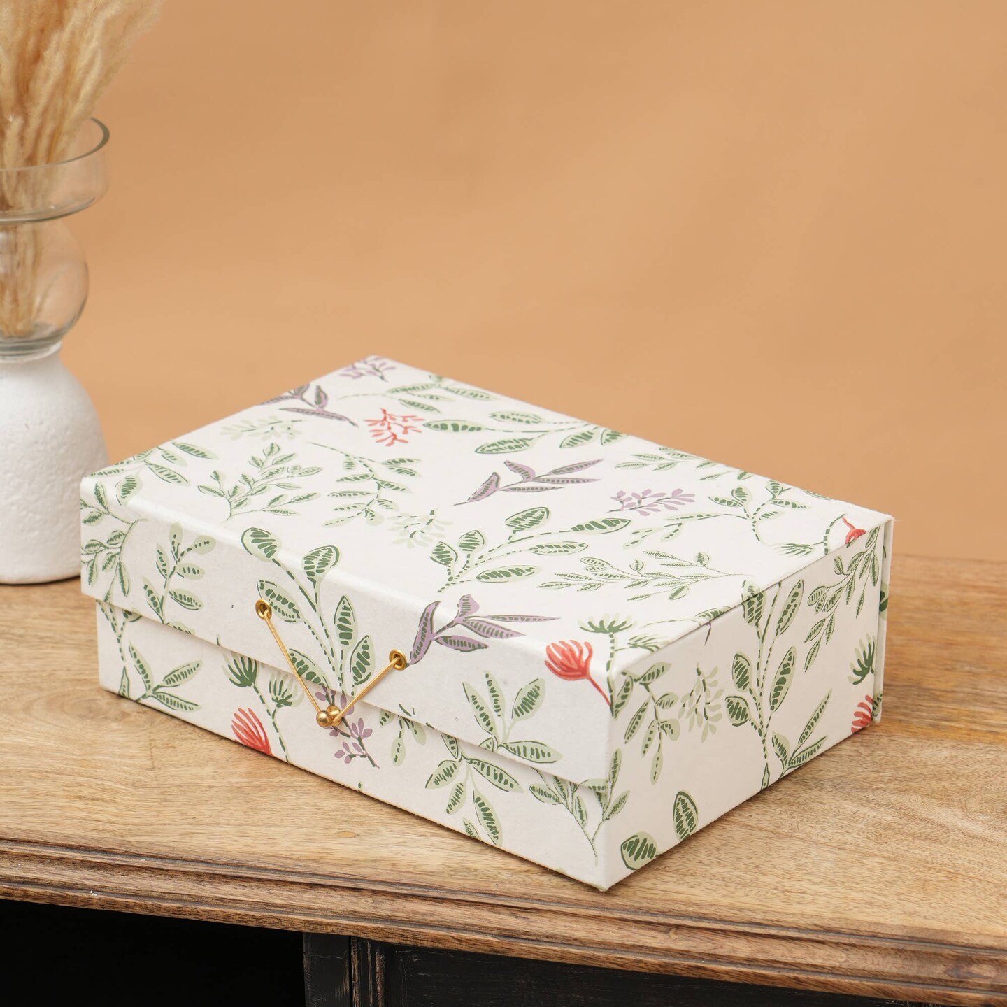 Handmade paper &#x26; Cardboard Rectangular Gift Box in Off white/Green - 11 X 4 Inch