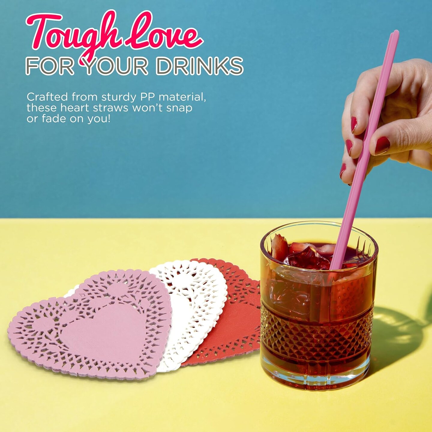 4E&#x27;s Novelty 50 Pcs Pink Heart Shaped Straws &#x26; Doilies