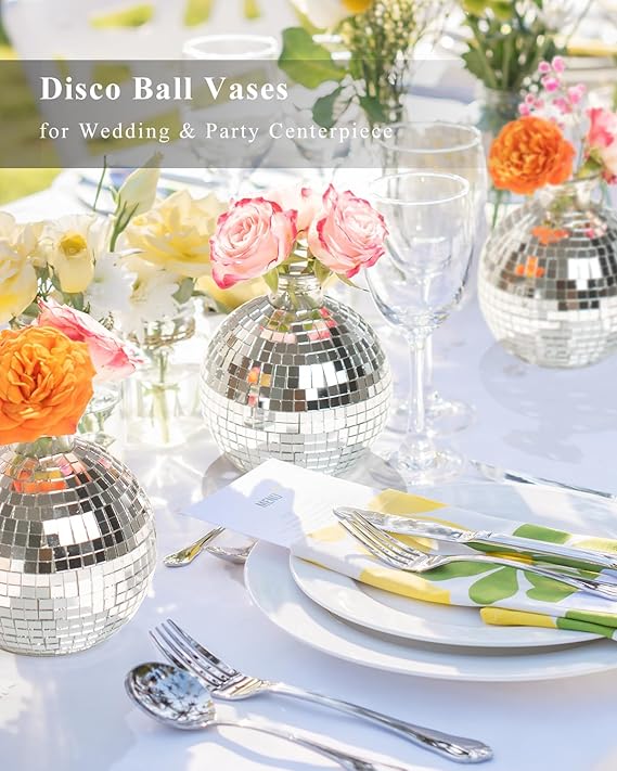 Disco Ball Vase for Centerpieces Disco Ball Planter for Flowers Silver Mirror Glass Disco Ball Decor for Table, Party, Wedding, Birthday, Home, or Bedroom(3.5&#x22; X 4&#x22;)