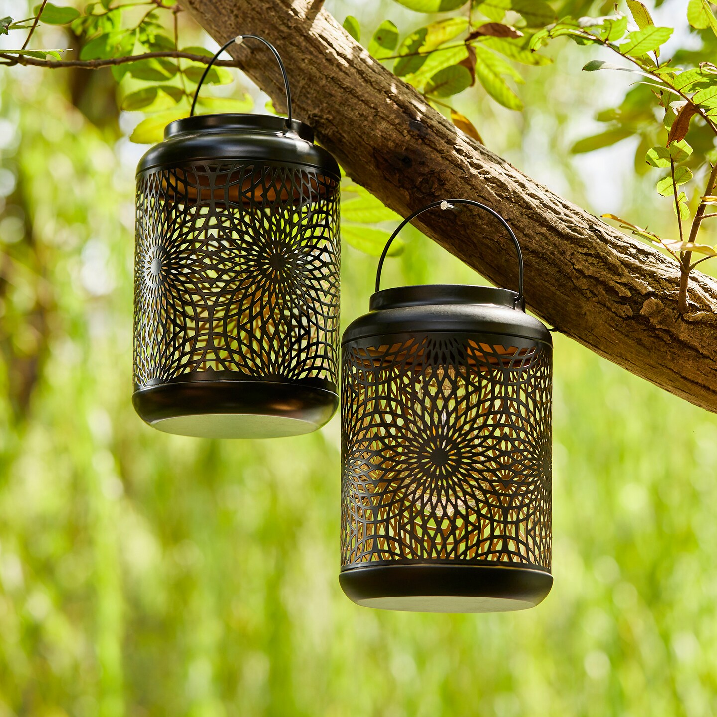 Set of 2/4 8.75&#x22;H Metal Cutout Scrollwork Solar Powered LED Outdoor Lantern with handle