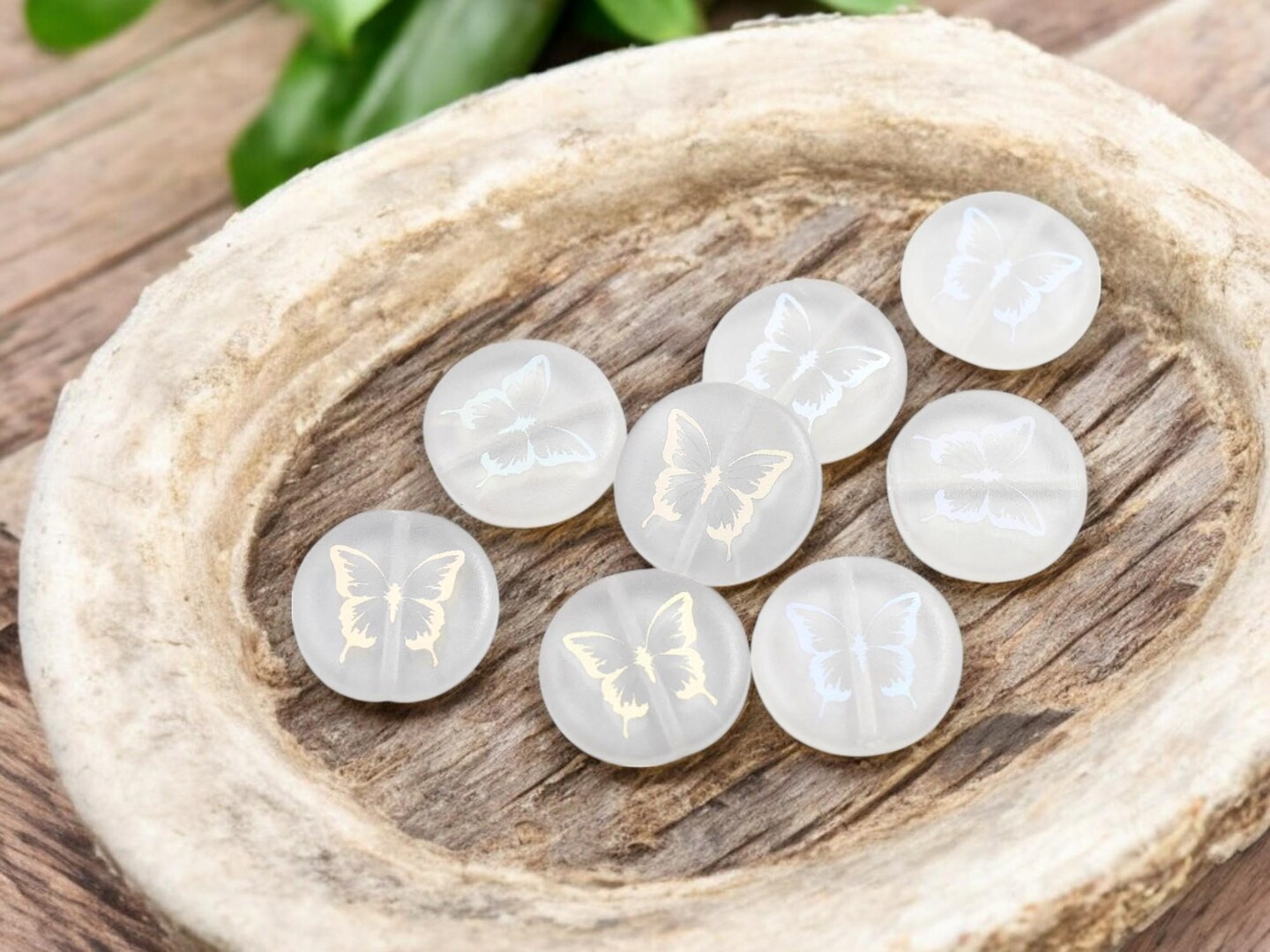 *8* 17mm Matte Crystal AB Laser Etched Butterfly Design Coin Beads