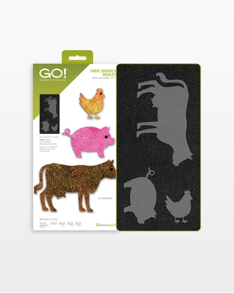 AccuQuilt GO! Farm Animals Medley Die &#x2013; Cut and Fuse Cow, Pig, and Chicken Shapes for Quilting Projects | Perfect for Fabric Cutting Machines | Easy Appliqu&#xE9; | Includes Free Embroidery Download