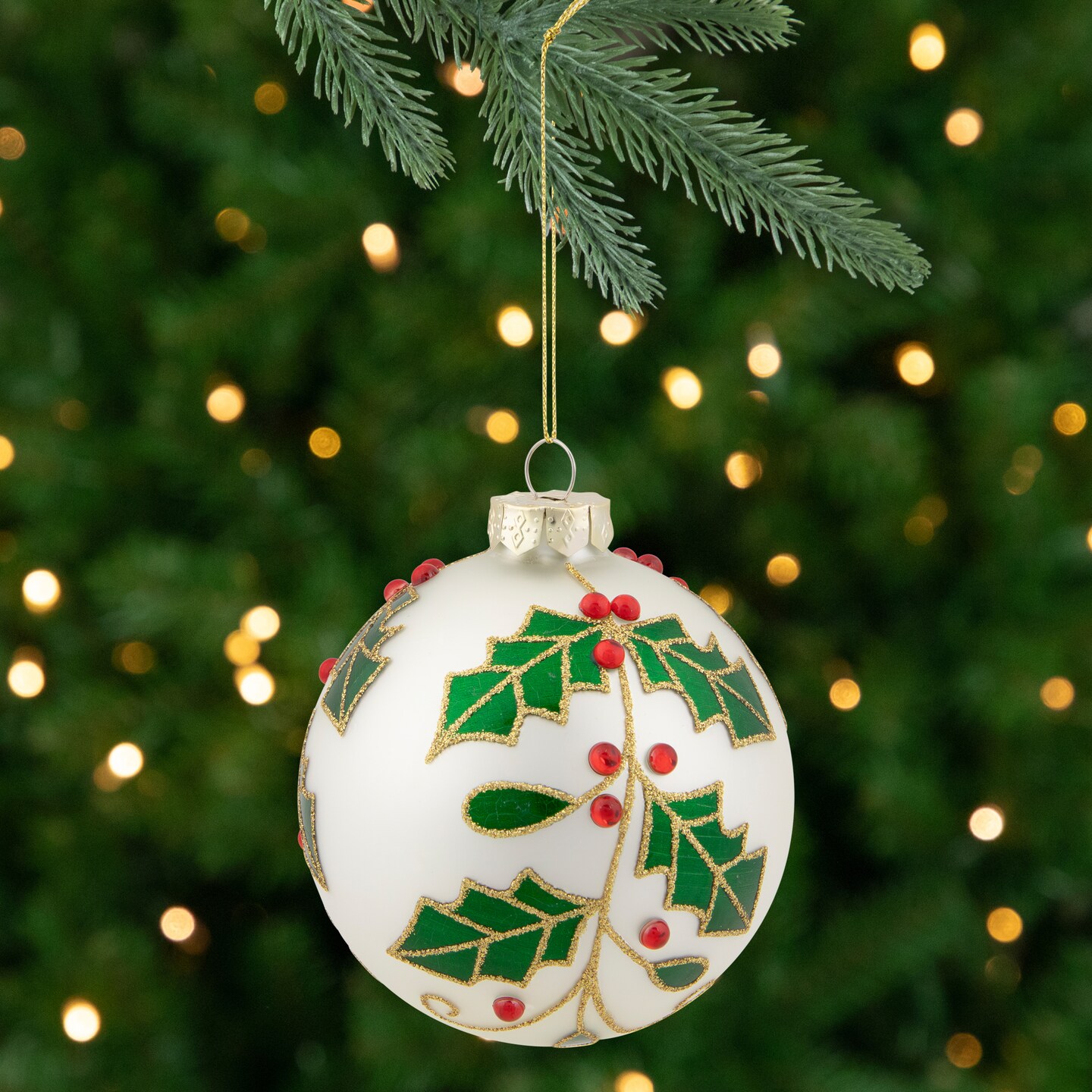 Northlight Holly and Berries Christmas Glass Ball Ornament - 4&#x22; - White and Green