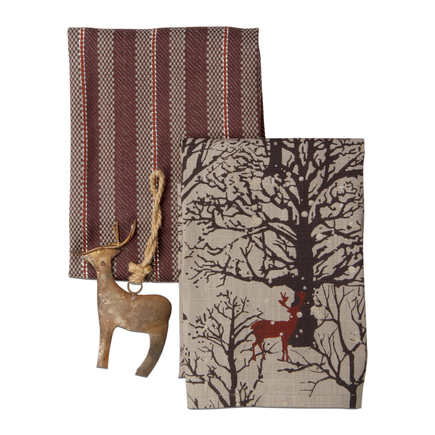 Evergreen Deer Dish Towel & Ornament Set - Christmas Tree Ornaments, Multicolor Cotton, Machine Wash, 26" x 18"