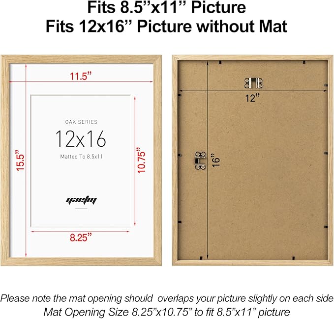 12x16 Oak Picture Frame with Mat for 8.5x11, Natural Solid Oak Wood 12x16 Frame for Wall, Lightweight, Wall Mount (Single, Oak)