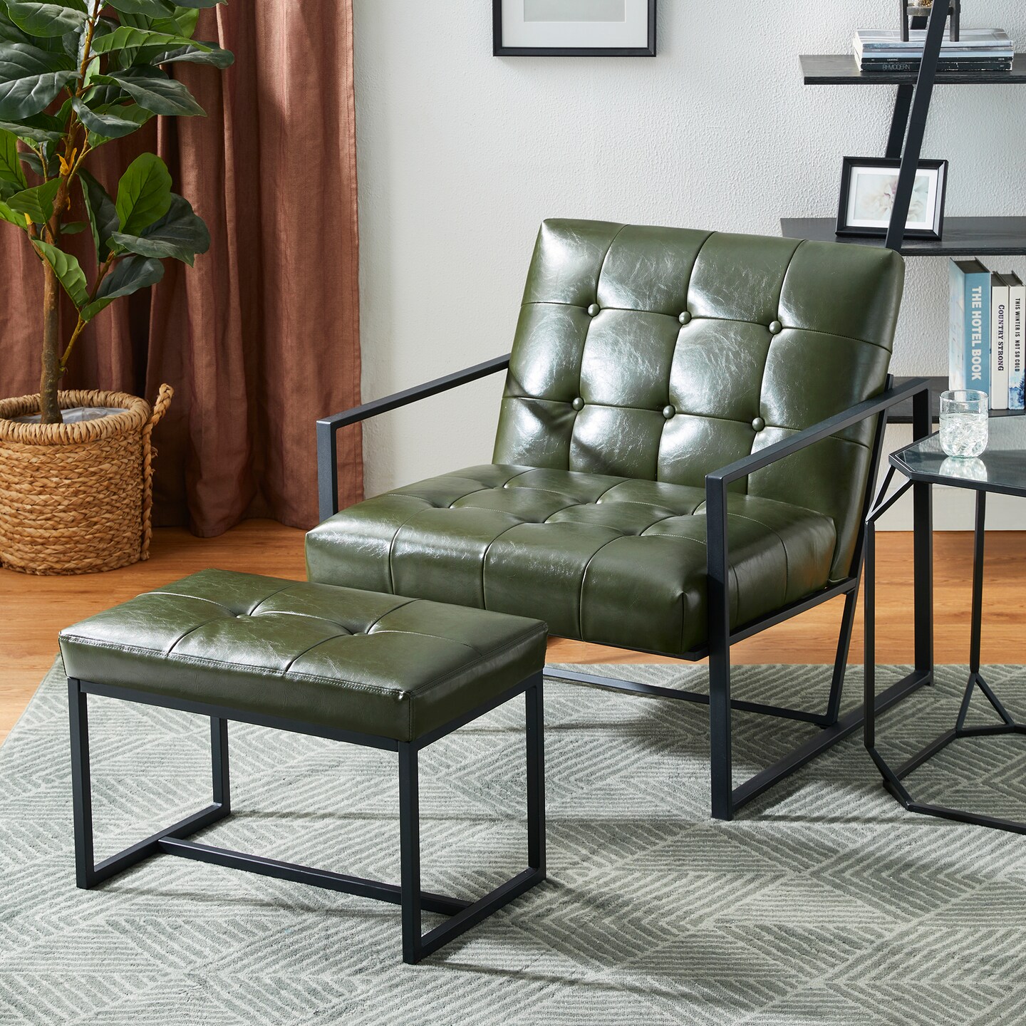 Set of 2 Modern Hunter Thick Leatherette Accent Chair & Accent Stool
