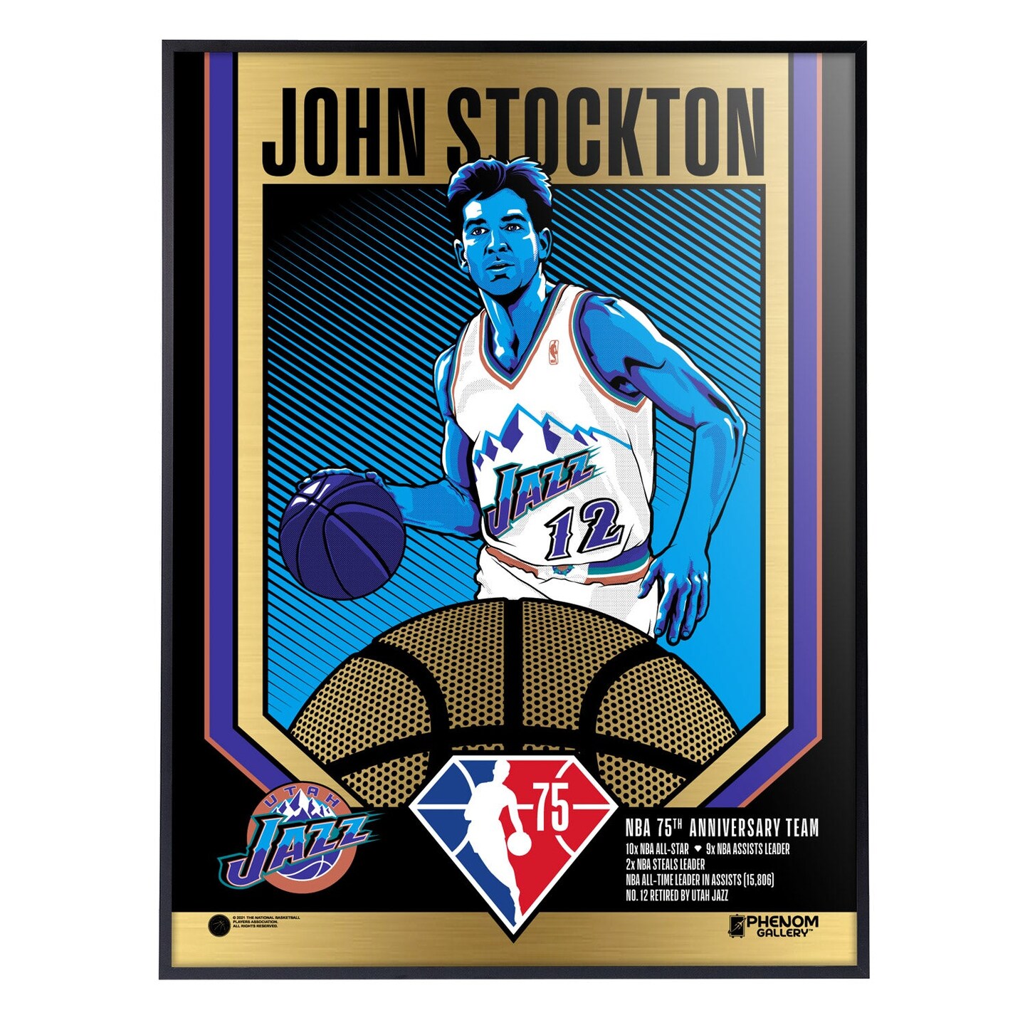 Phenom Gallery Utah Jazz 75th Anniversary John Stockton 18&#x22; x 24&#x22; Gold Foil Serigraph