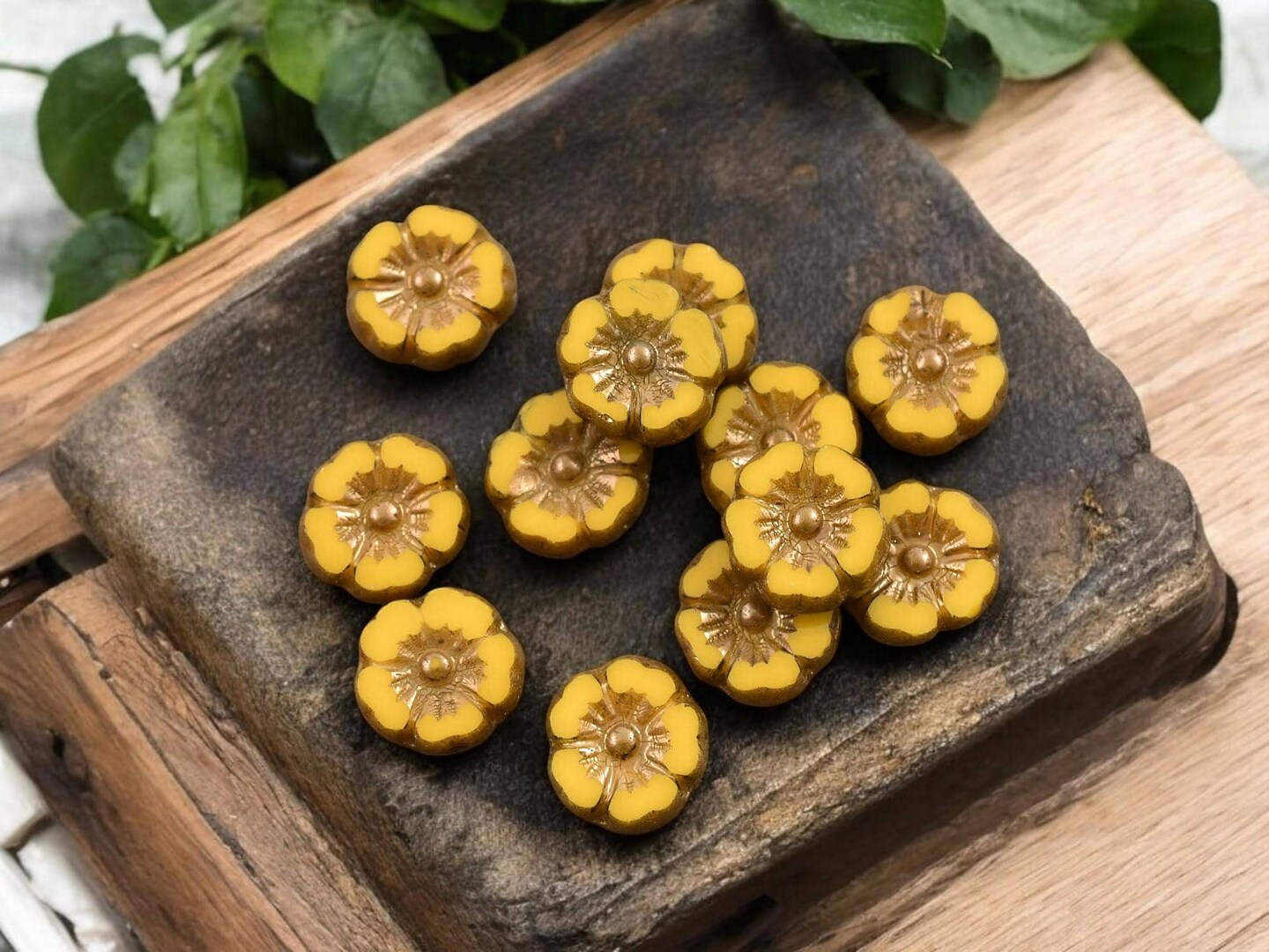 *12* 10mm Bronze Washed Opaque Marigold Hawaiian Flower Beads