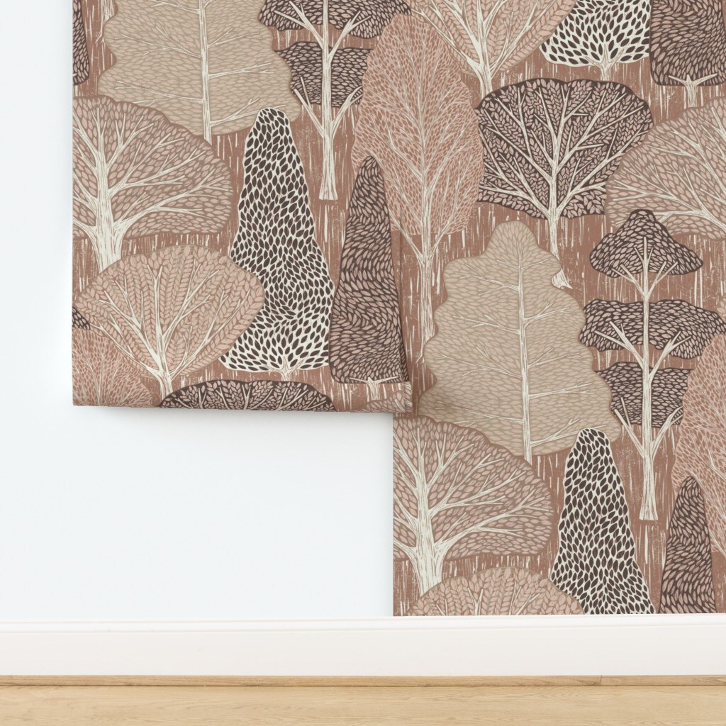 Nature Forest Trees Wallpaper Hand Drawn Neutral Monochromatic Rustic Peaceful Earth Tone Custom Removable Wallpaper by Spoonflower Peel & Stick Wallpaper 2FT Wide 18334324