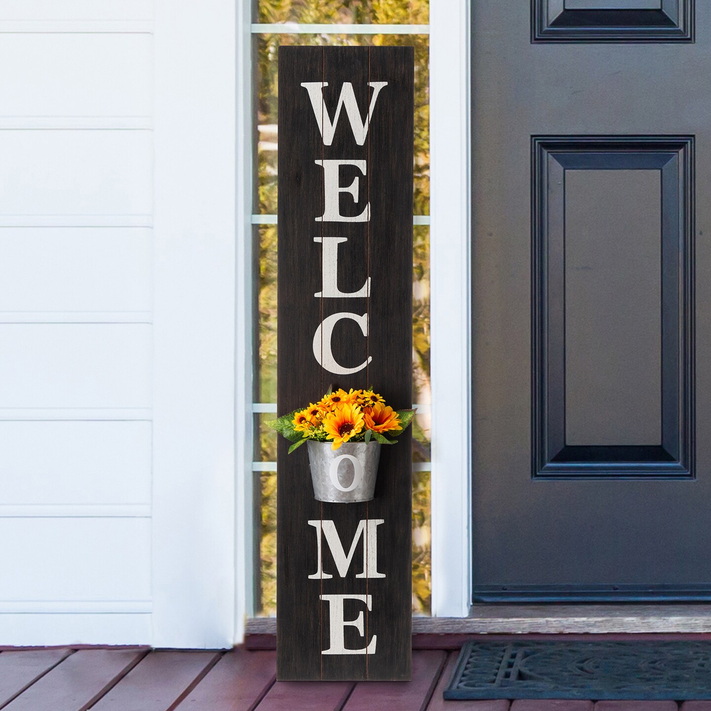 42&#x22;H Wooden WELCOME Porch Sign with Metal Planter