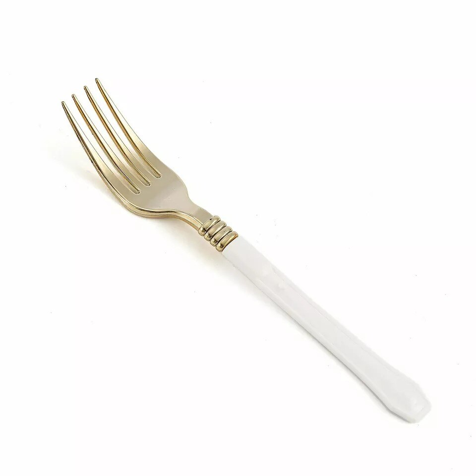 24 Metallic Gold White Handle Disposable Plastic 7&#x22; Forks Party Wedding Supplies