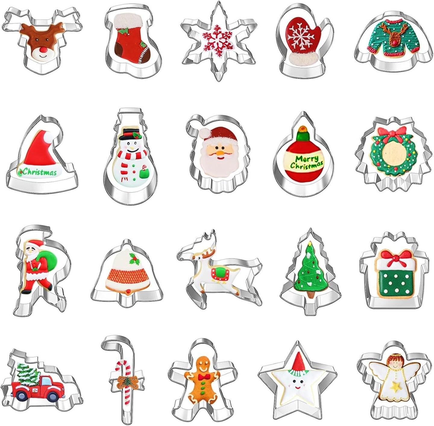 20 Pcs Christmas Cookie Cutters &#x2013; Reindeer Snowflake Tree Gingerbread Santa