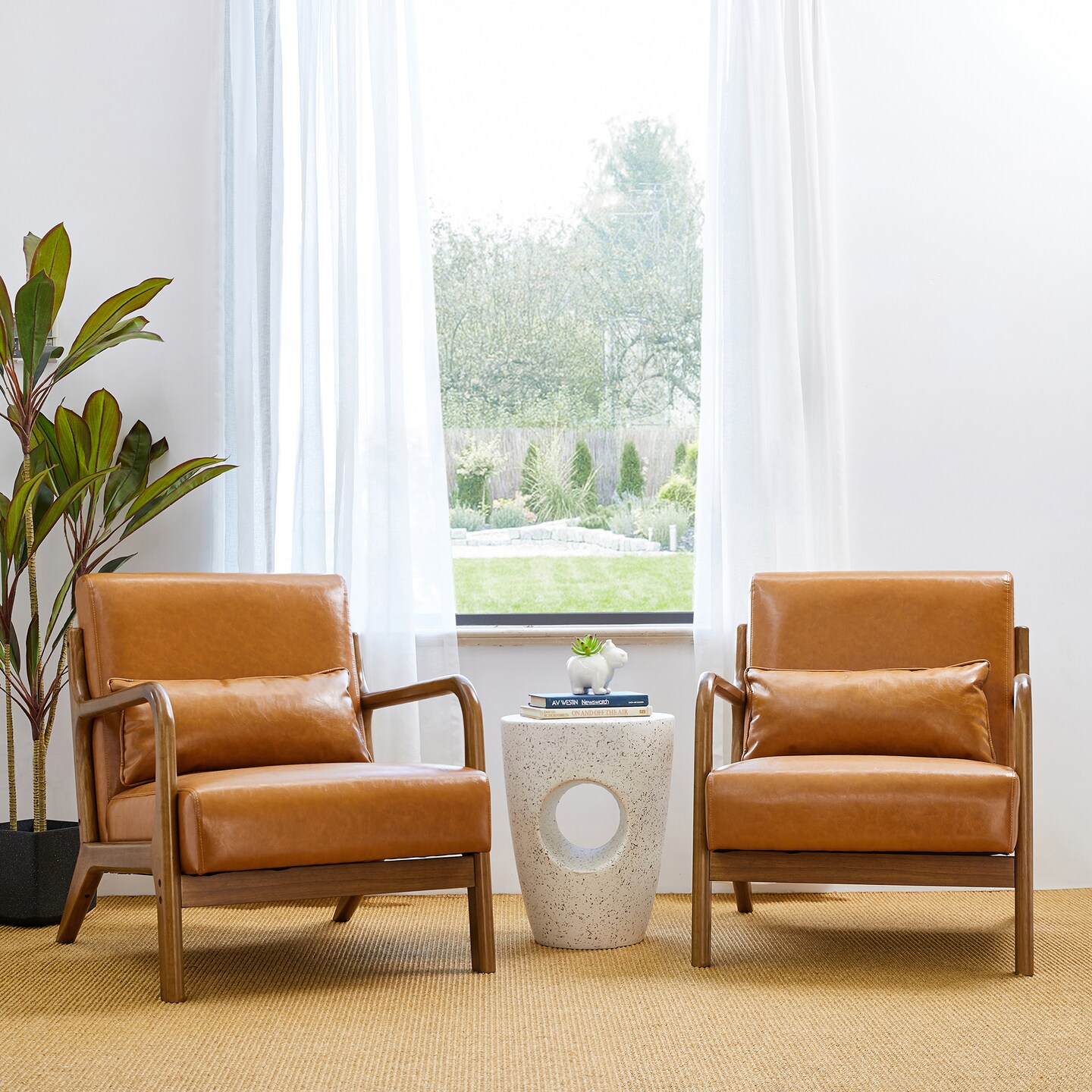 Set of 2 30.75&#x22;H Mid-Century Modern PU Leather Armchair Accent Chairs with Pillow