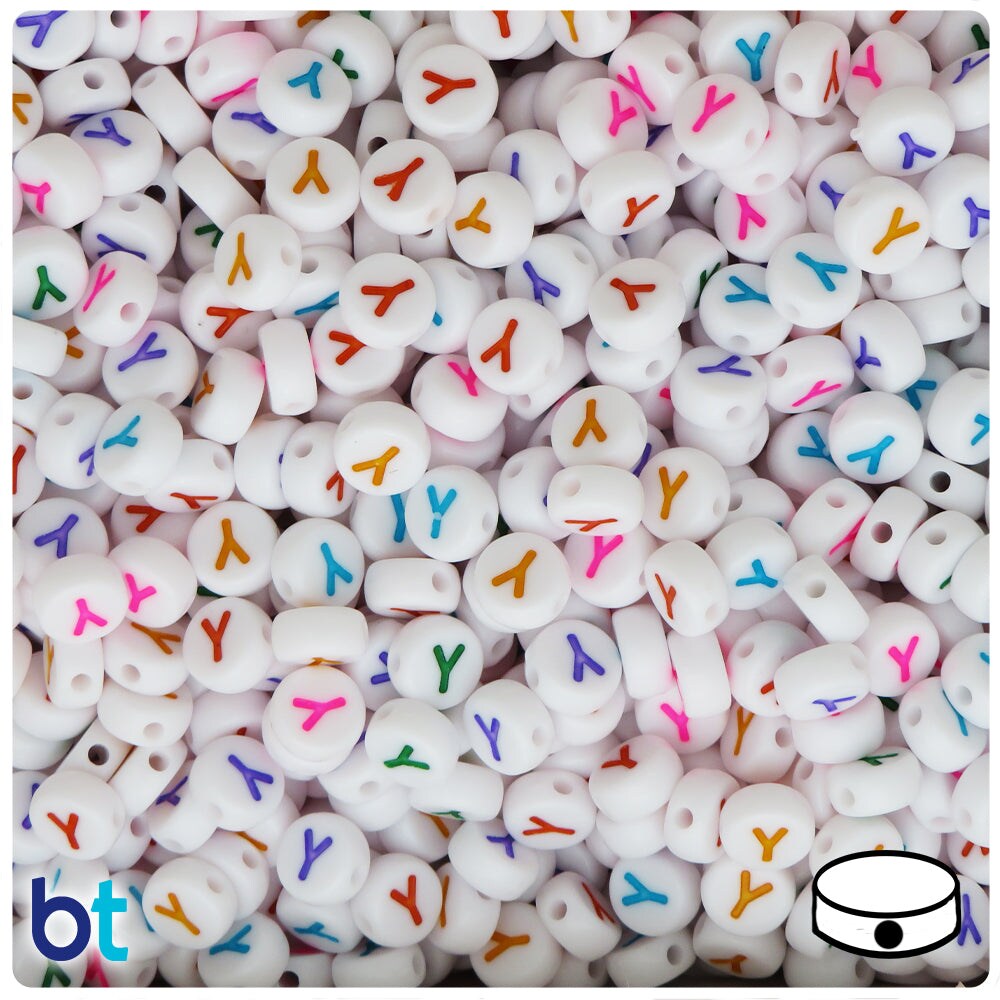 BeadTin White Opaque 7mm Coin Plastic Alpha Beads - Colored Letter Y (100pcs)