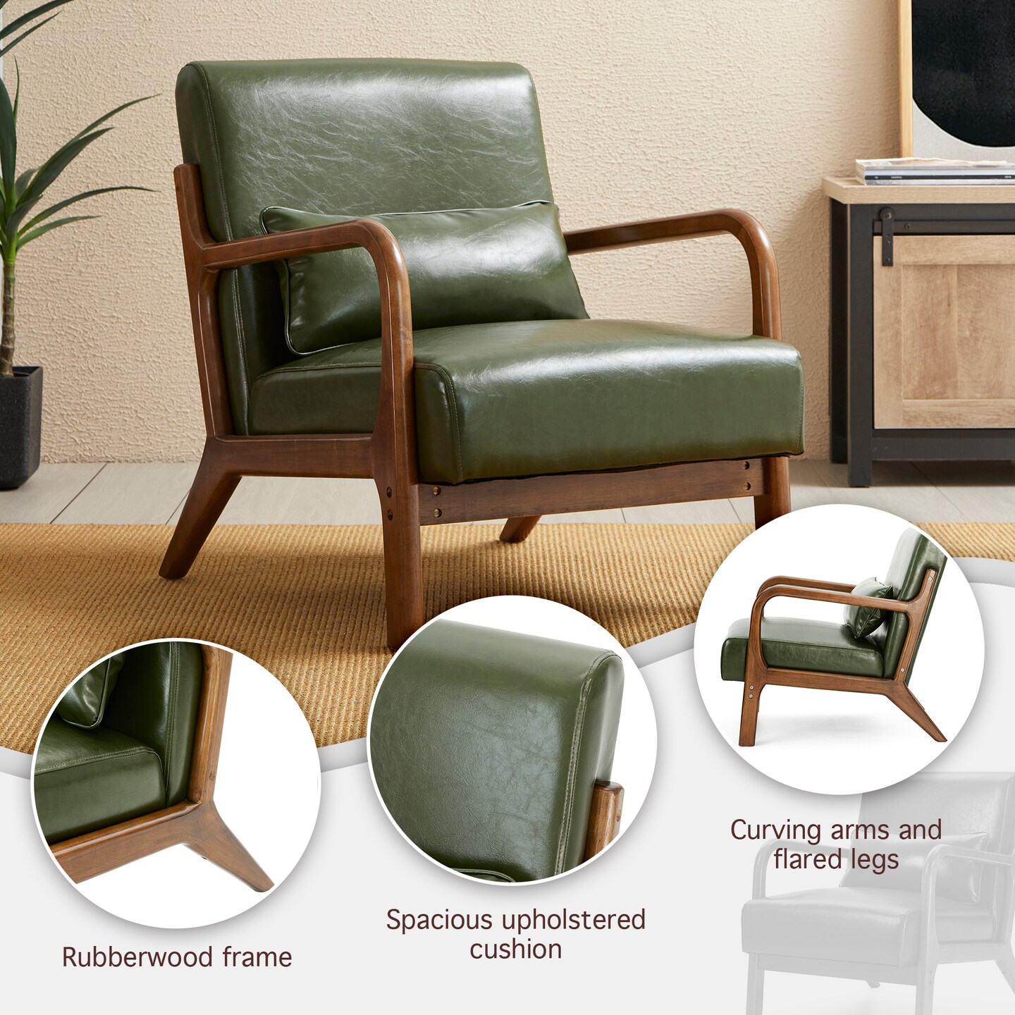 Set of 2 30.75"H Mid-Century Modern PU Leather Armchair Accent Chairs with Pillow