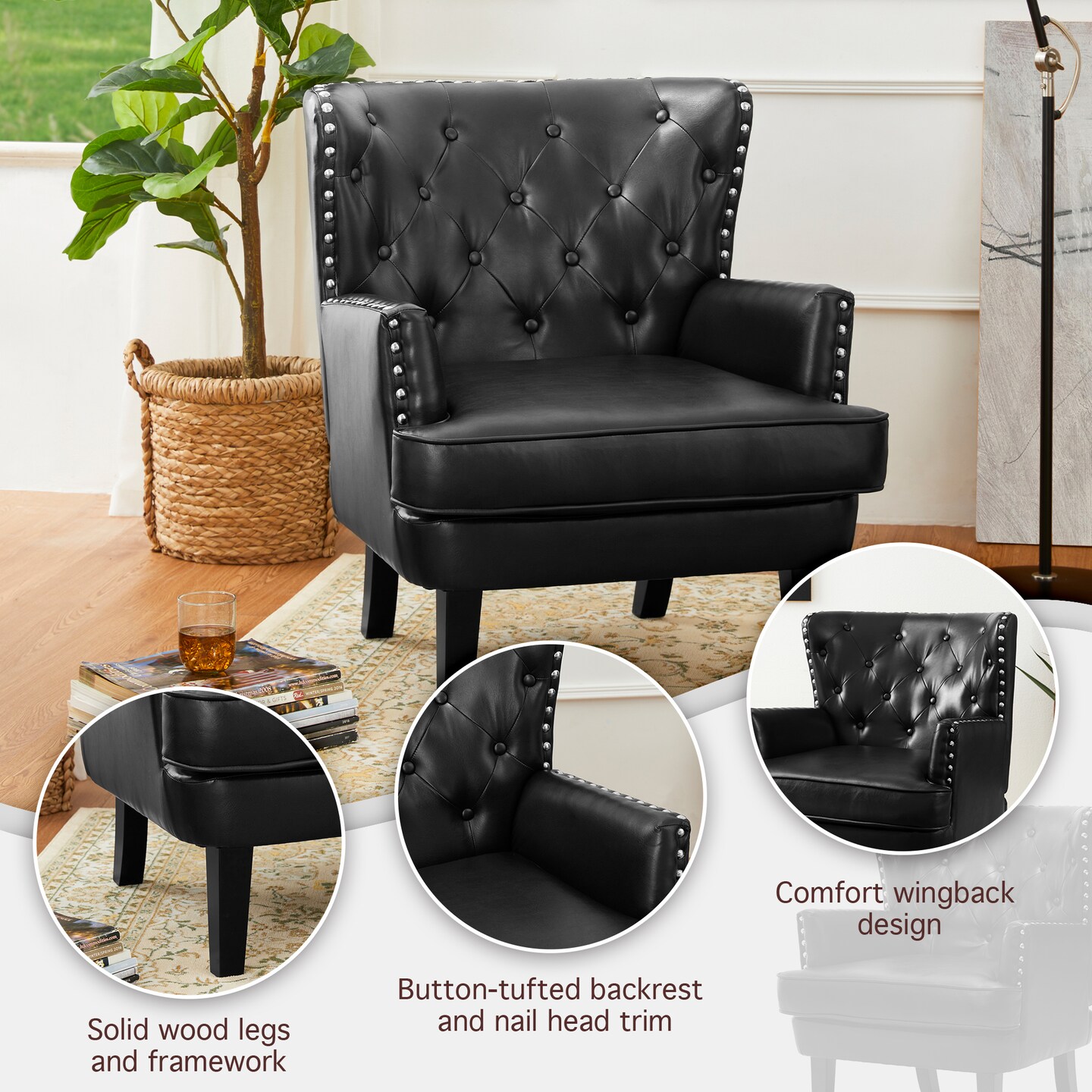 Set of 2 Mid-century Modern Leatherette Button-tufted Accent Arm Chairs
