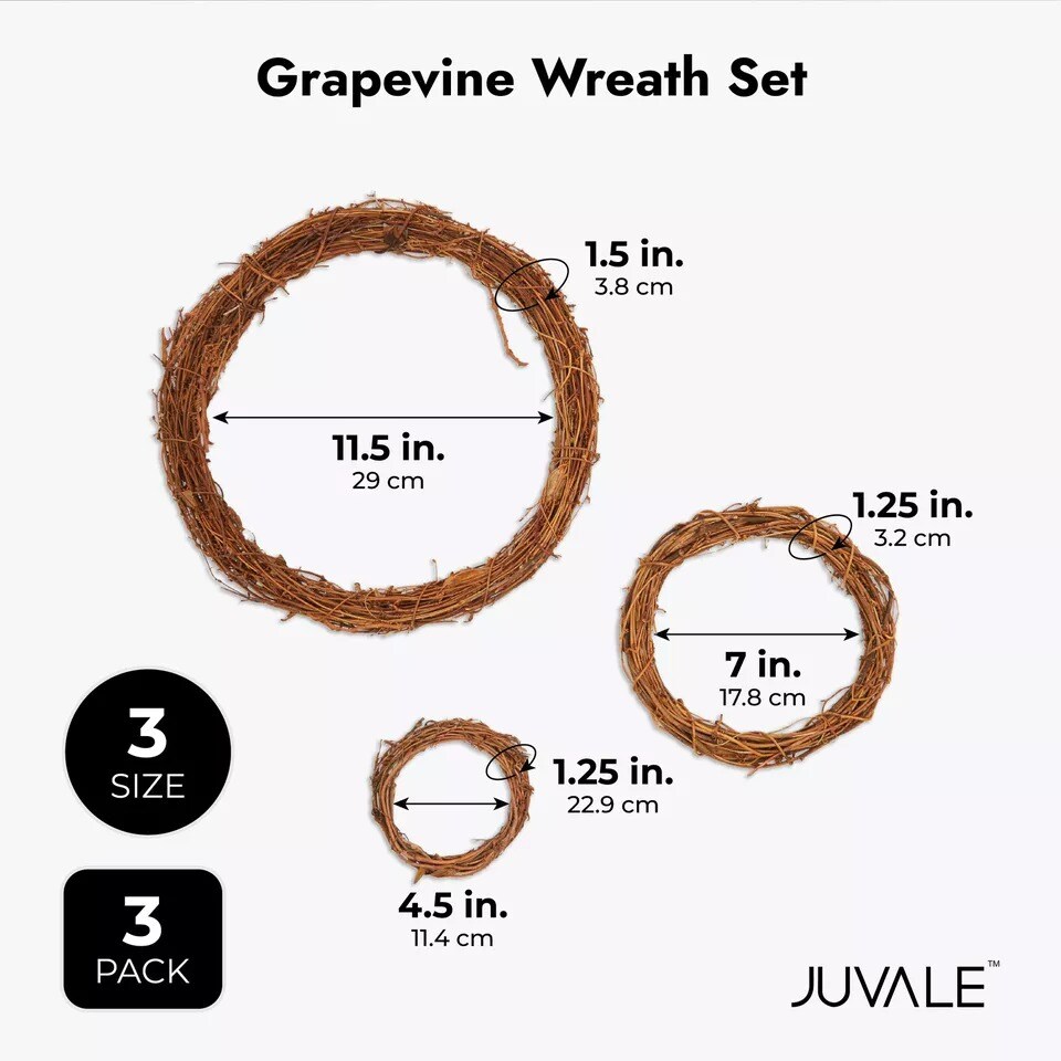 Set of 3 Grapevine Wreath Forms for DIY Crafts, Twig Branches, 11.5, 7, &#x26; 4.5 in