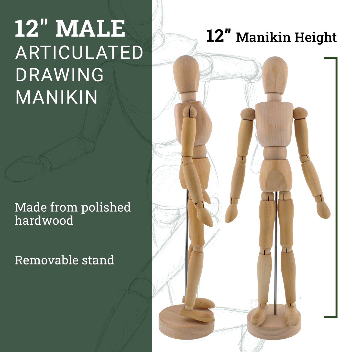 Wood 12&#x22; Artist Drawing Manikin Articulated Mannequin with Base and Flexible Body - Perfect For Drawing the Human Figure (12&#x22; Male)