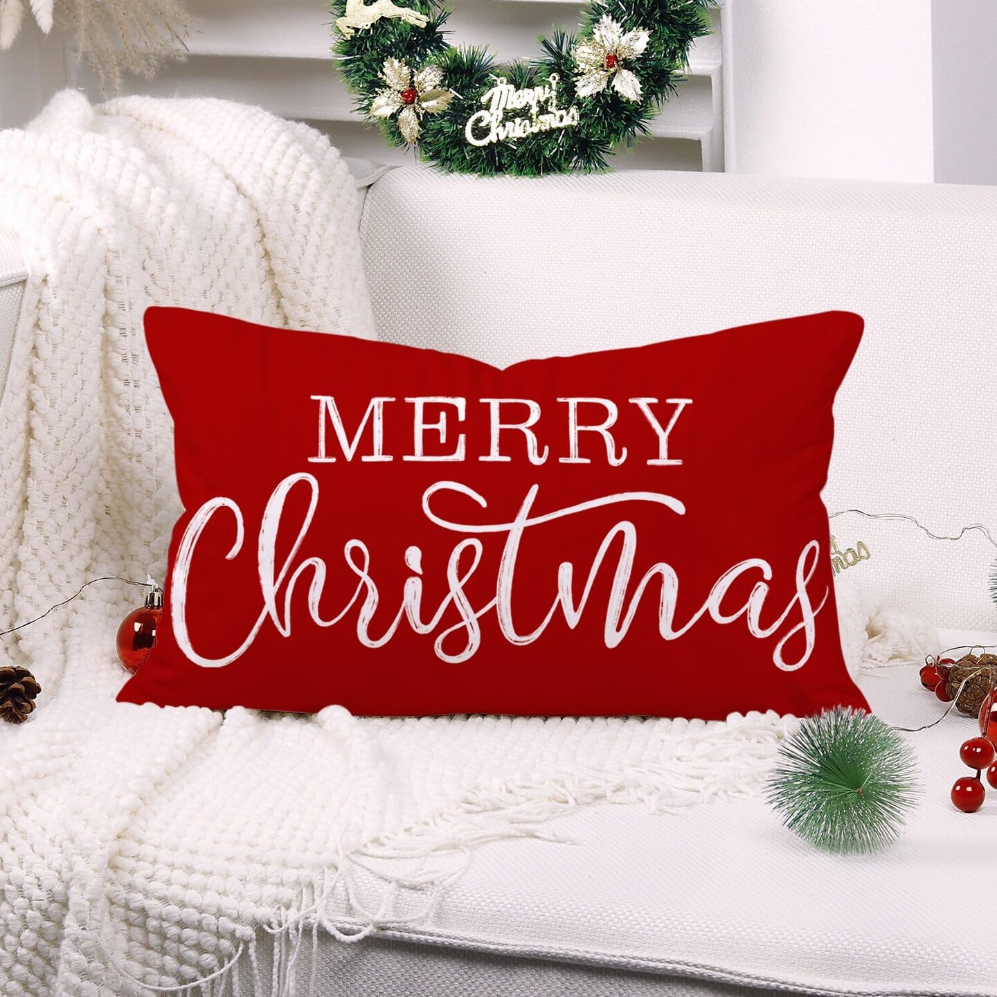 Red Christmas Lumbar Pillow Cover 12x20 Inches for Christmas Decorations Merry Christmas Throw Pillow Covers Winter Holiday Cushion Case Decoration for Sofa Couch