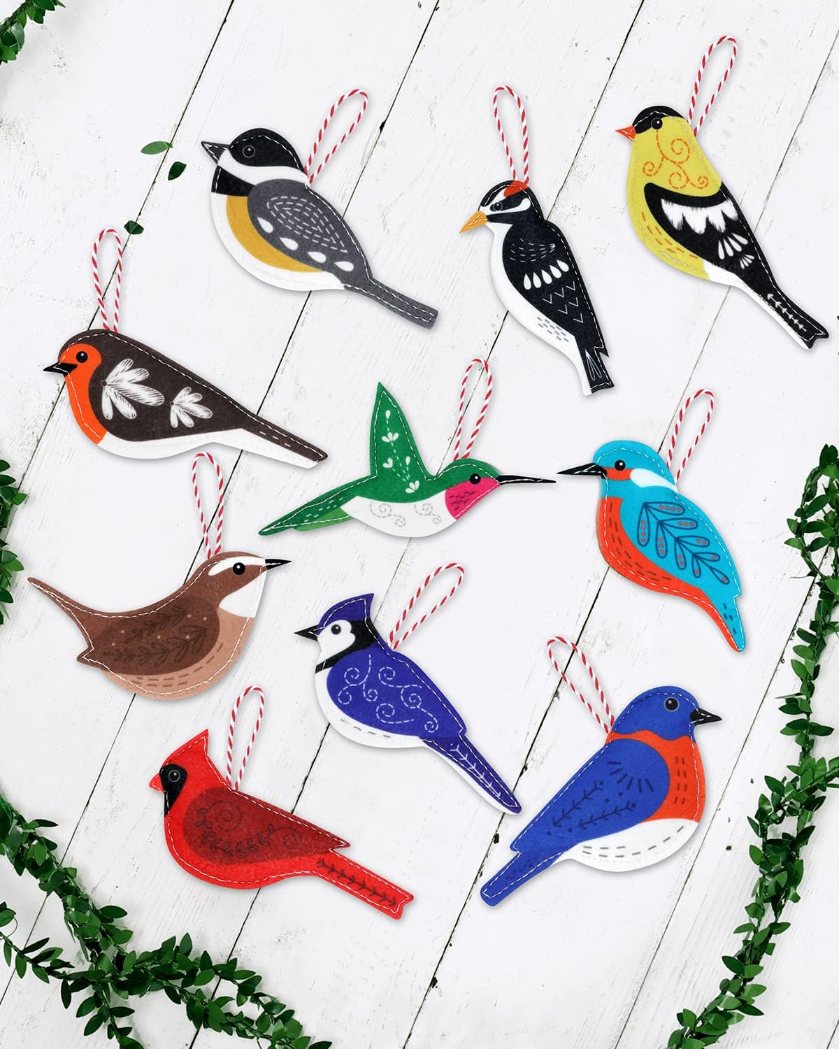 Felt Birds Ornaments Kit Christmas Tree Woodpecker Cardinal Goldfinch Fabric Stuffed Hanging Decor Winter Tags Basket Stuffer Set of 10