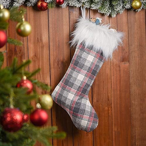 2024 Personalized Christmas Stocking Ornaments, Xmas White-Grey Plaid Christmas Socks Plush Faux Fur, Home Decorations Gifts 21 inch