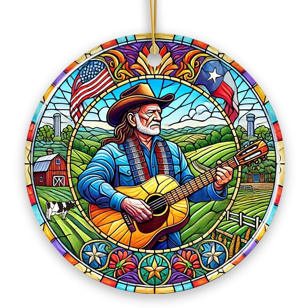Country Outlaw Texas Melody Ceramic Ornament, Vintage Stained Glass Style Cowboy Music and Guitar Gift