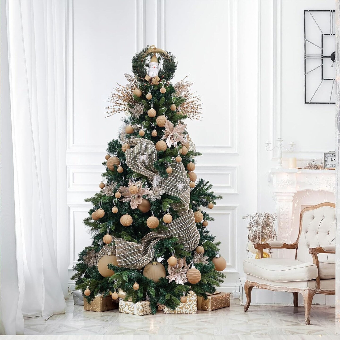 Velvet Christmas Ball Ornaments - 46pcs Flocked Christmas Tree Decorations Set Assorted Shatterproof Hanging Ornaments with Loop for Xmas Holiday Home Decor, 3 Sizes (Champagne)