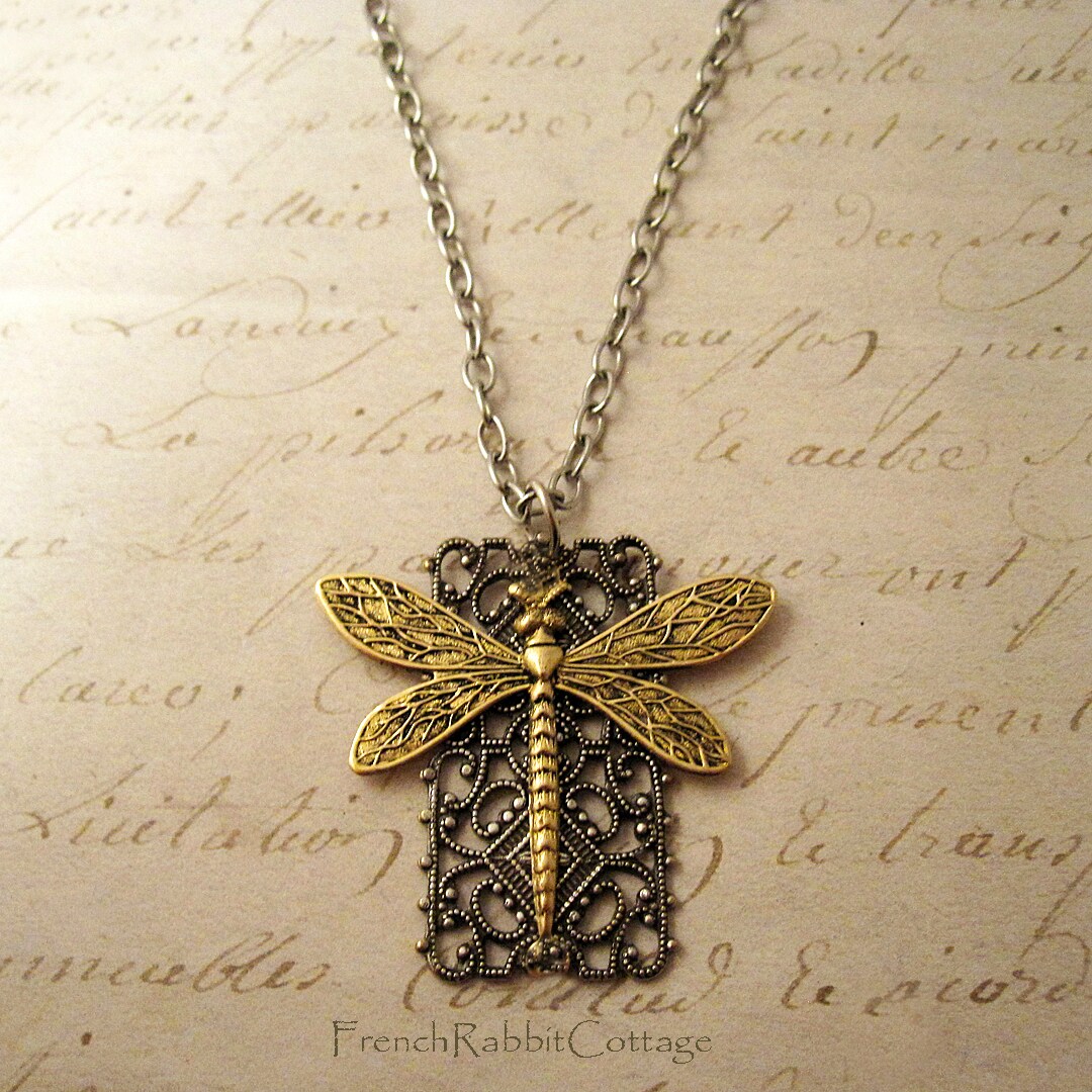 Dragonfly Filigree Necklace Pendant.  Victorian Style Statement Jewelry. Insect Bug Nature Jewelry Gift for Women. Mixed Metal Assemblage