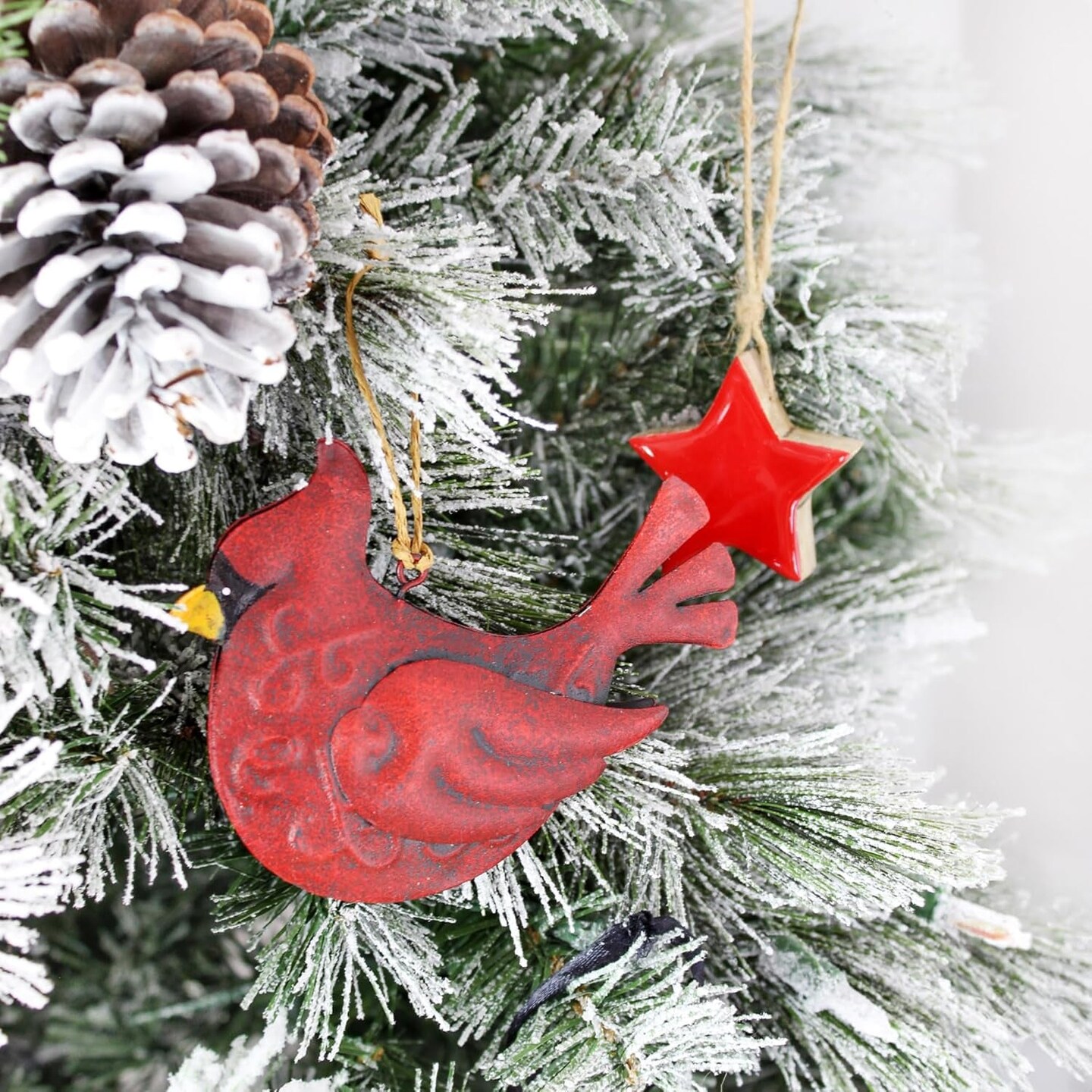 Auldhome Tin Cardinal Christmas Ornaments (Set of 3); Primitive 3D Galvanized Christmas Tree Decorations in Vintage Style