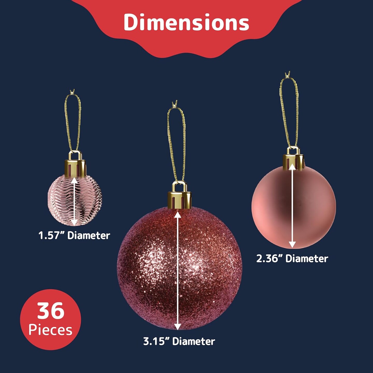 Champagne Christmas Ball Ornaments (36 pcs) - Shatterproof Xmas Tree Decorations with Hanging Loop in 6 Styles and 3 Sizes