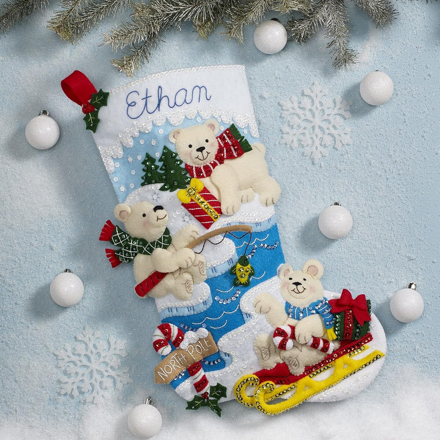 Felt Applique 18&#x22; Stocking Making Kit, Polar Bear Buddies, Perfect for DIY Arts and Crafts, 89465E