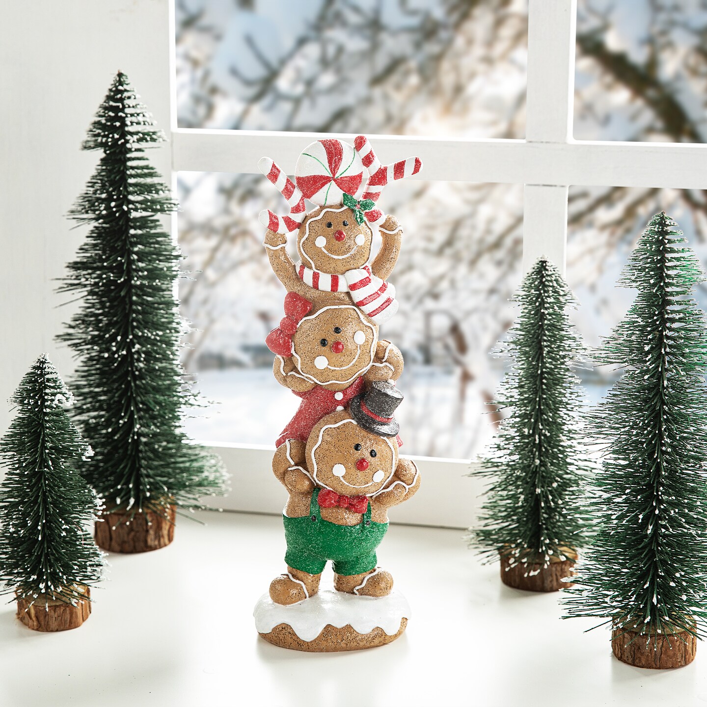 Set of 2 12.5&#x22;H Christmas Resin Stacked Gingerbread Table Decor