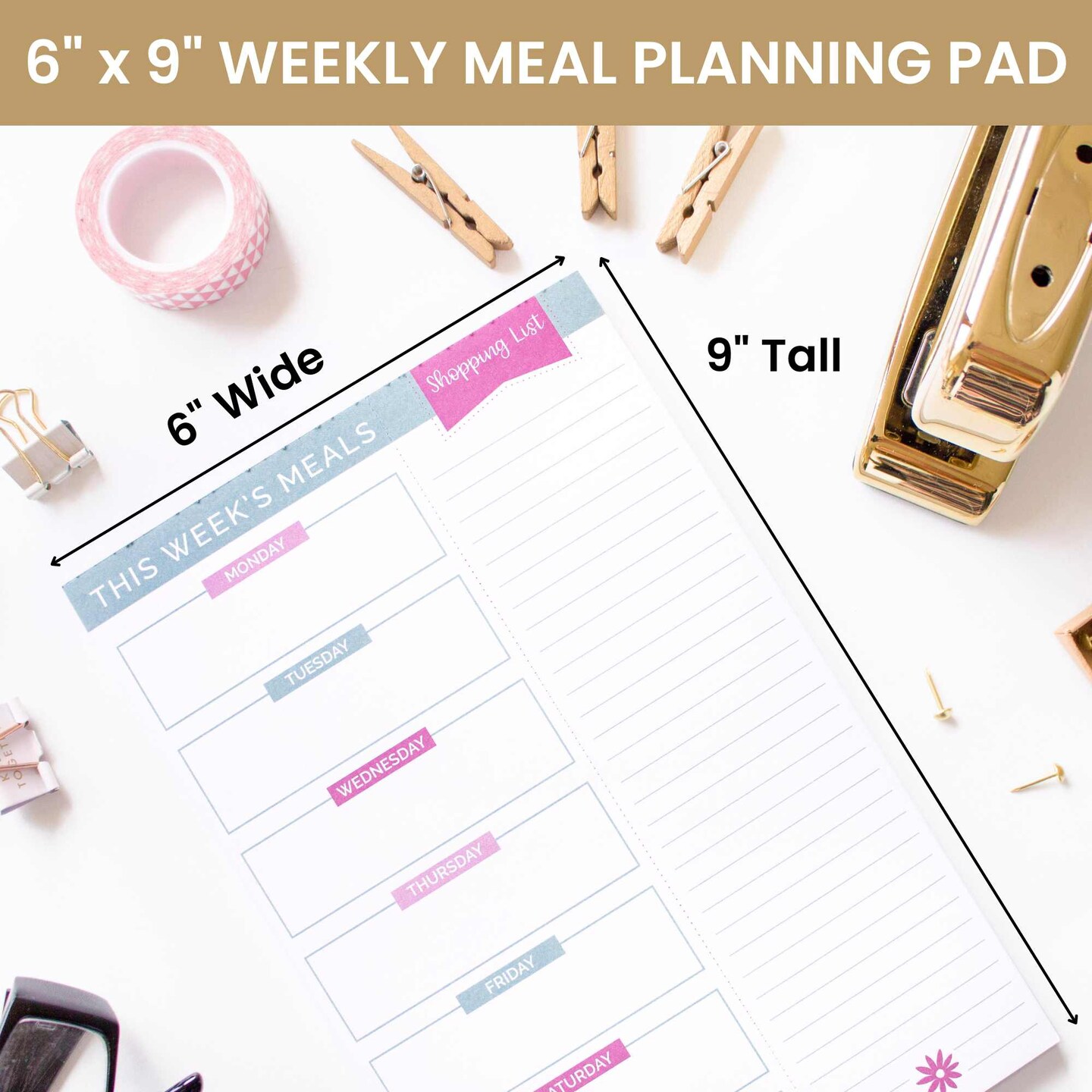 bloom daily planners Planning Pad, 6&#x22; x 9&#x22;, Meal Planning Pad with Magnets, Pink &#x26; Teal