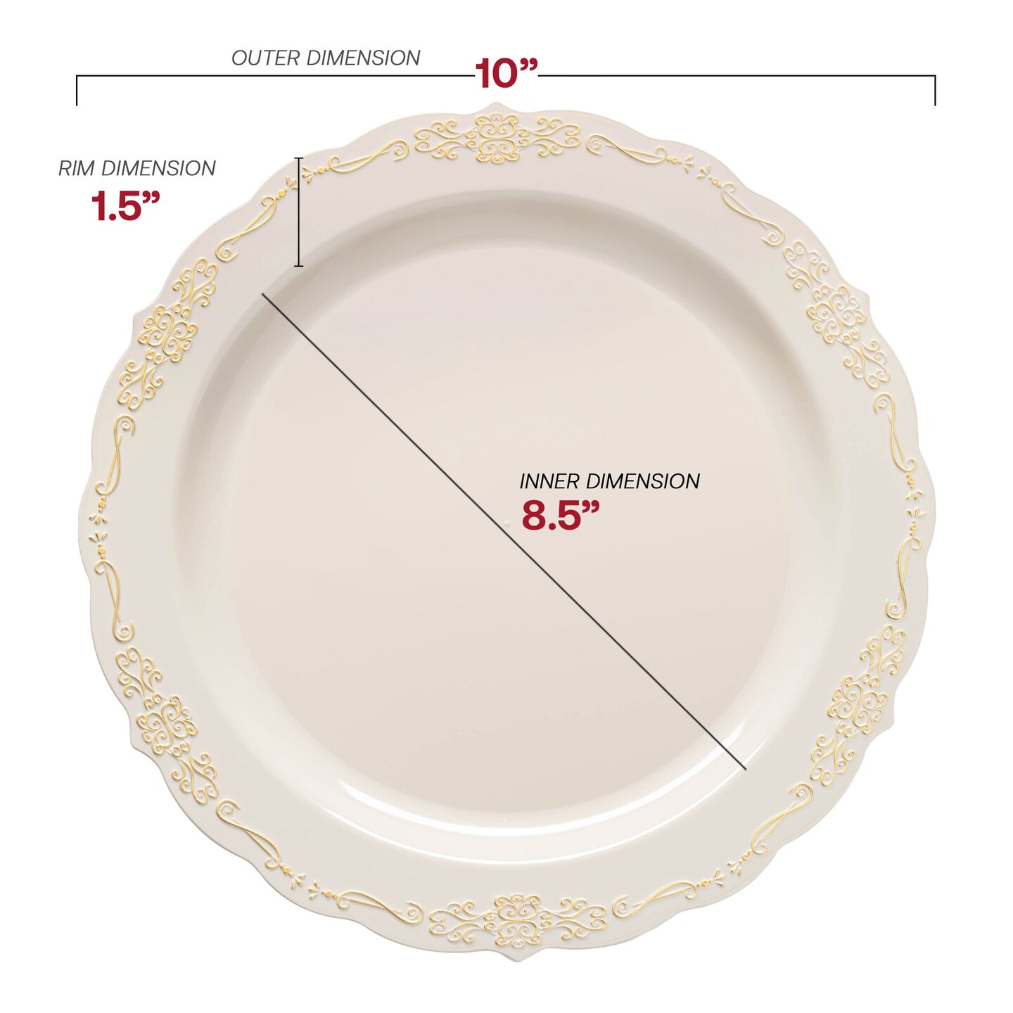 Ivory with Gold Vintage Rim Round Disposable Plastic Dinner Plates - 10&#x22; (120 Plates)