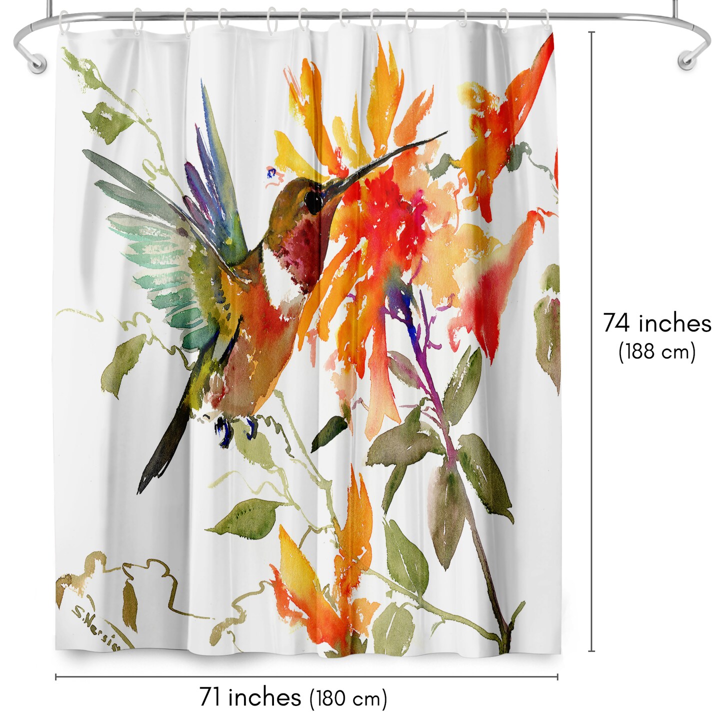 Americanflat 71x74 Hummingbird and Orange Flowers Shower Curtain - 100% Polyester Shower Curtain
