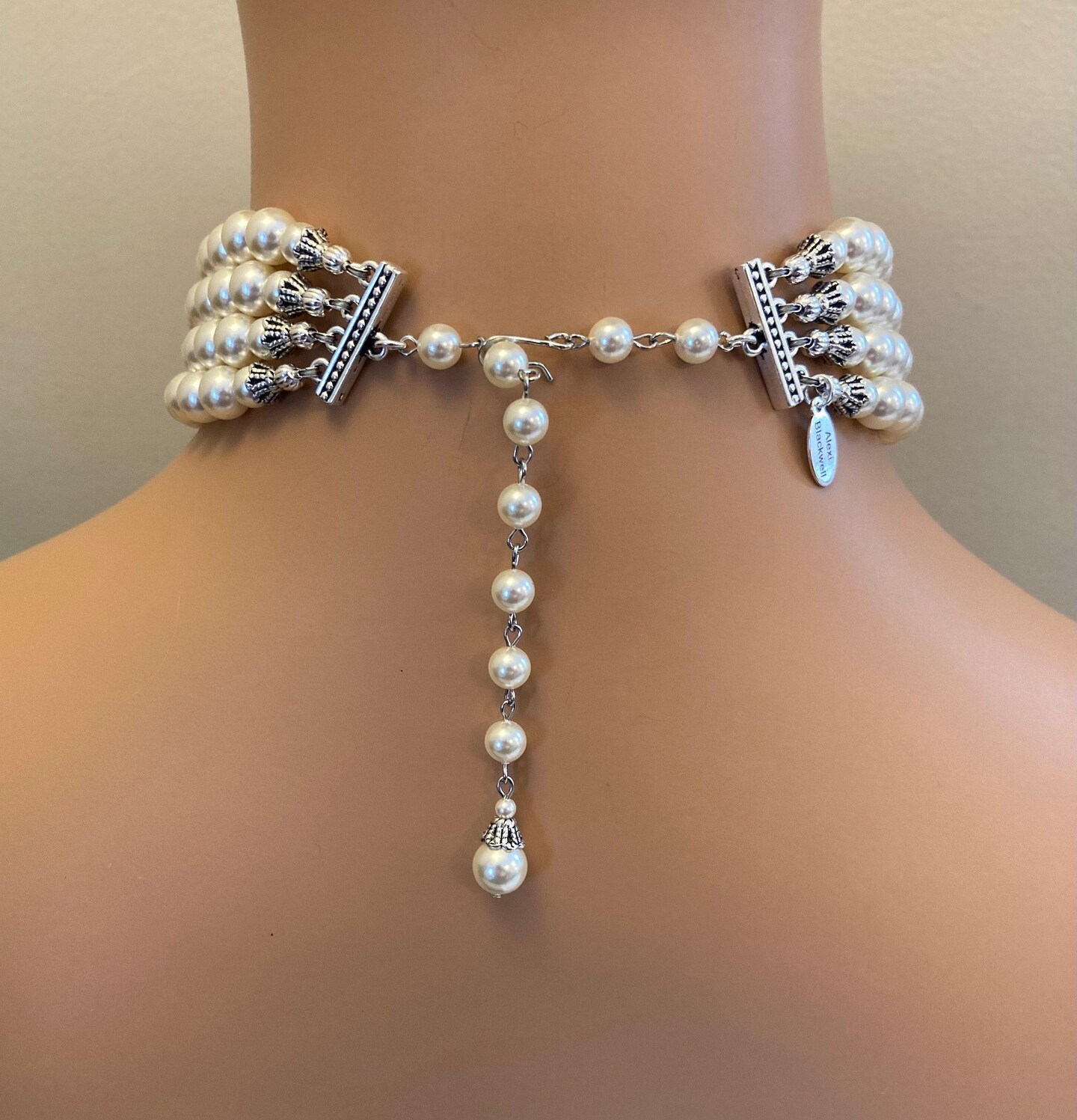 Pearl Choker 4 strands of layered pearls silver Art Deco rhinestone brooch cream ivory pearls perfect wedding pearl necklace gift for her product 3