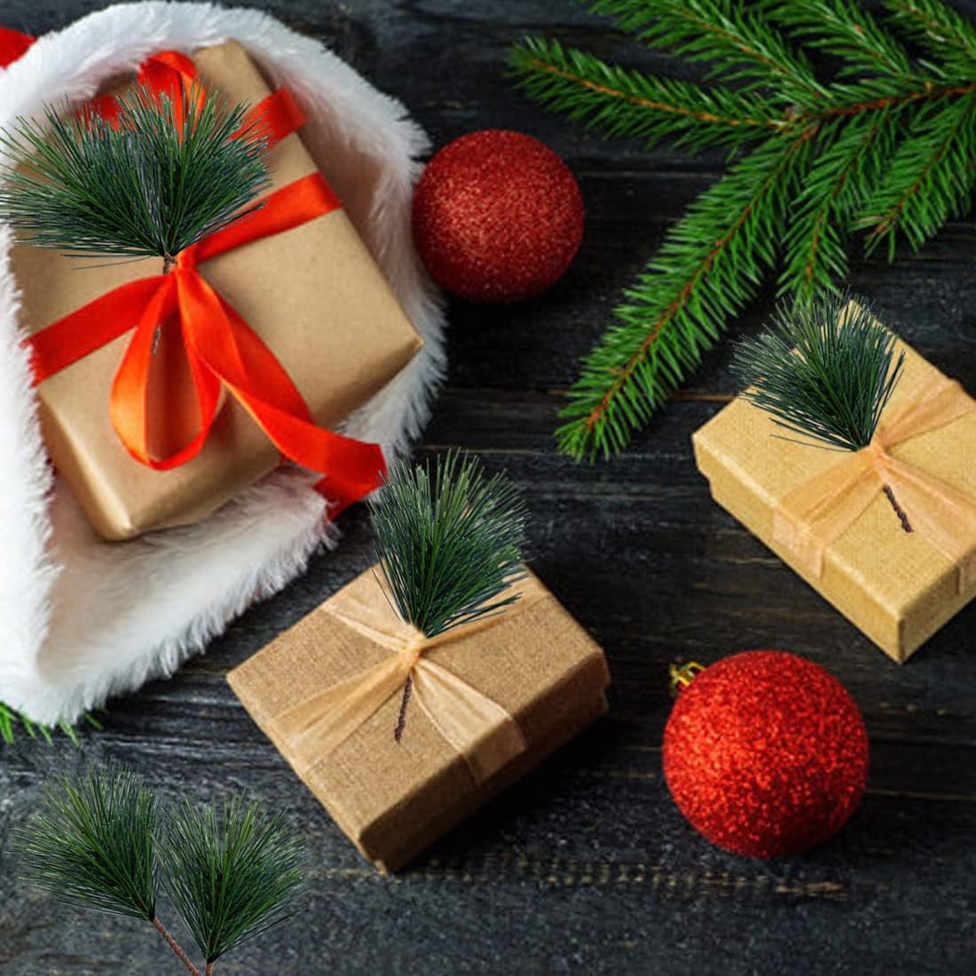 Green Plants Pine Needles Artificial Pine Needles Branches Fake Pine Picks for Christmas Garland Wreath Decorations (3.9inch)