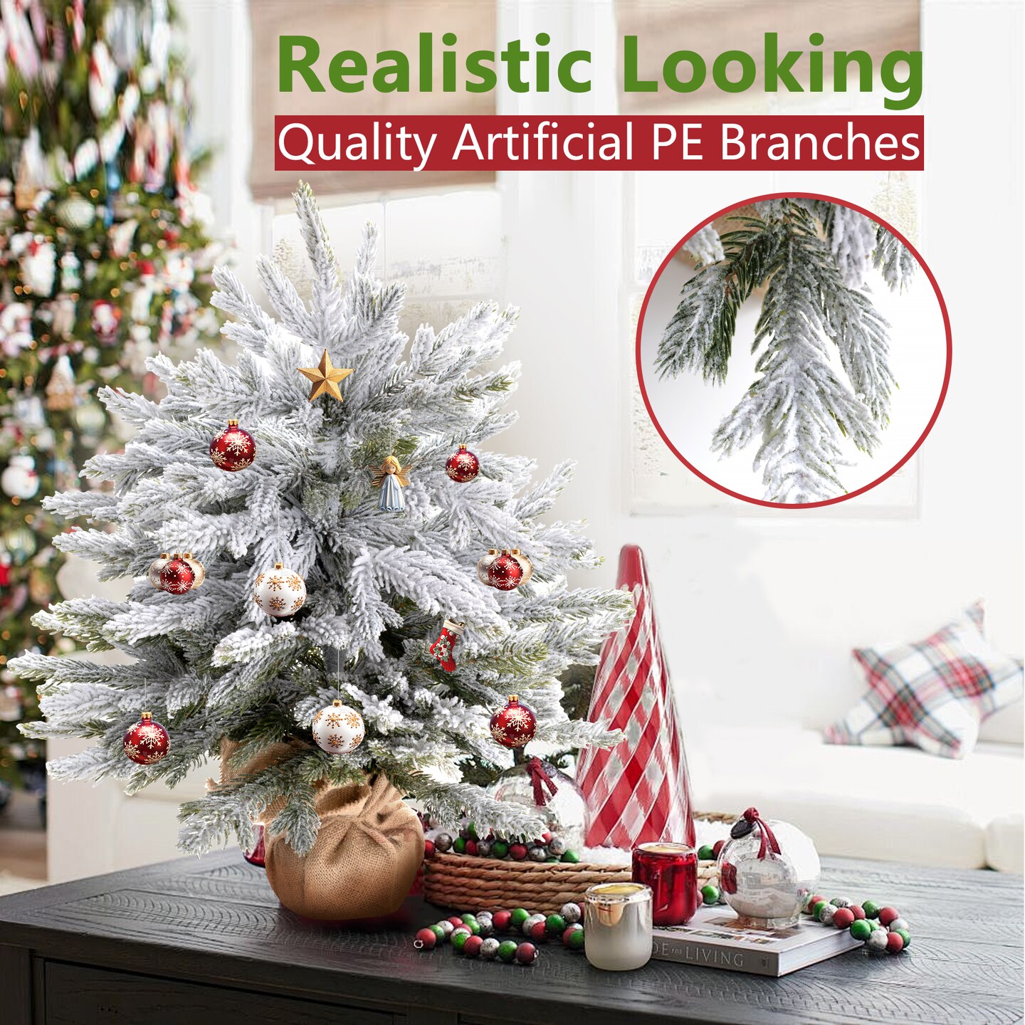 Mini Snow Flocked Artificial Christmas Tree 22" Small Xmas Snowed Pine Burlap Base Home Office Tabletop Winter Holiday Decor