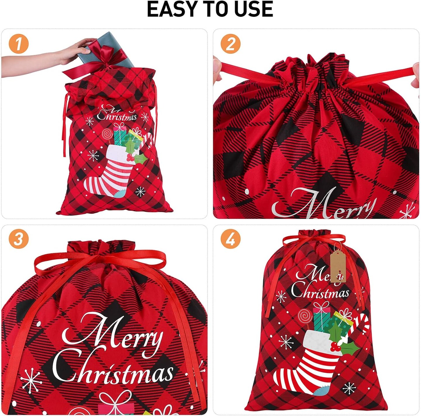 3 Pieces Christmas Drawstring Gift Bag Buffalo Plaid Fabric Bag with Drawstring Reusable Gift Wrapping Bags with 24 Kraft Paper Tags and Rope for Christmas Party Supplies, 17.7 x 23.6 Inches
