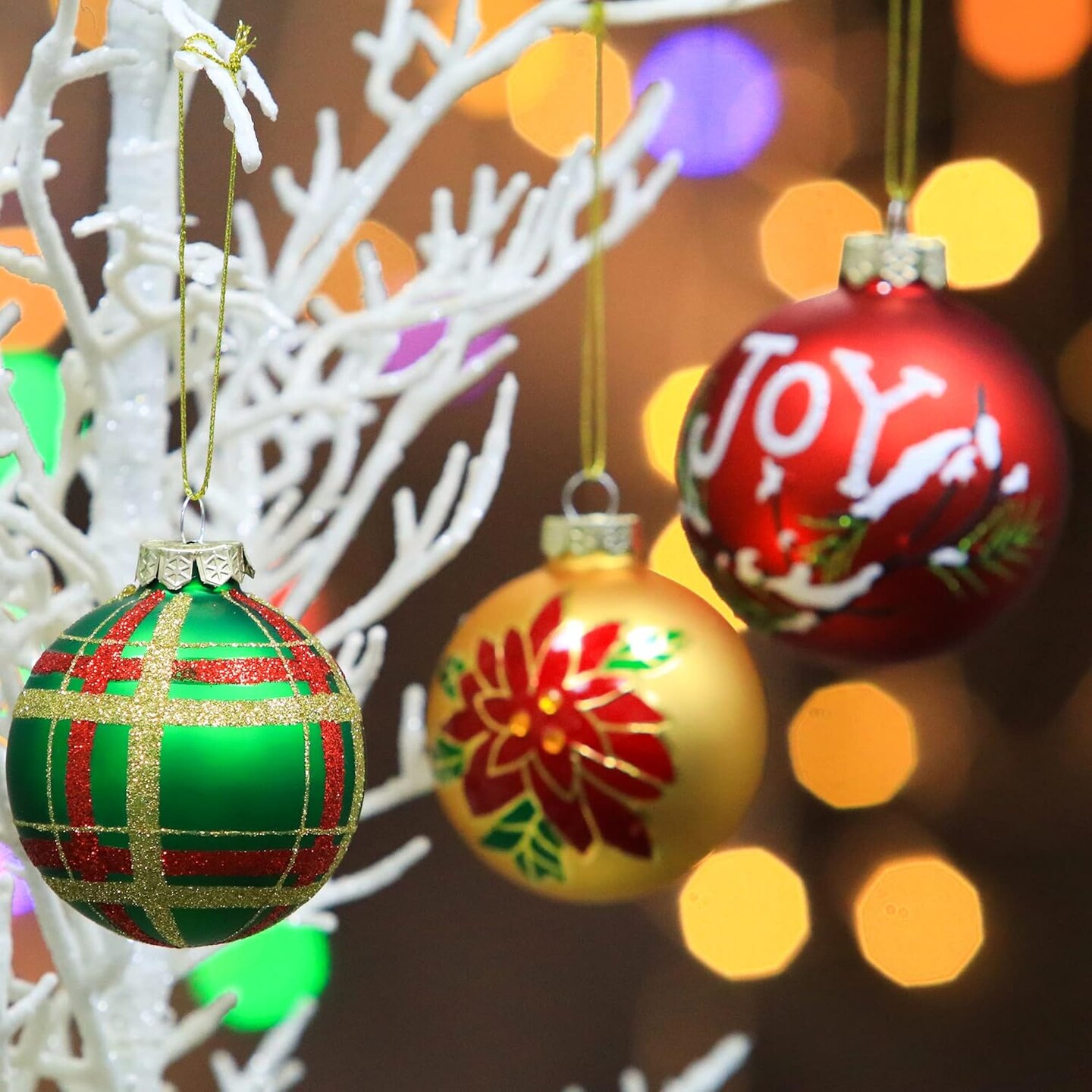 12-Piece Christmas Ornament Set - Colorful Glass Balls for Xmas Tree Decoration - Red, Golden &#x26; Green