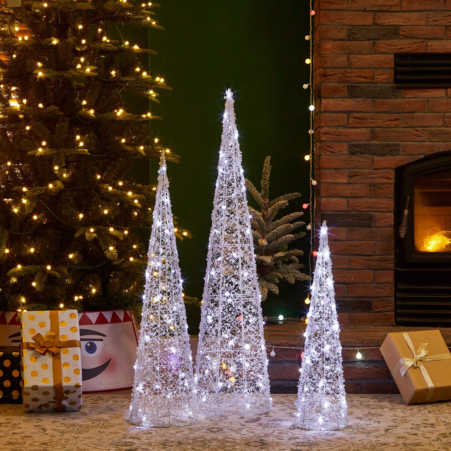 Set of 3 Lighted Christmas Crystal White Cone Tree with 130 White LED Lights