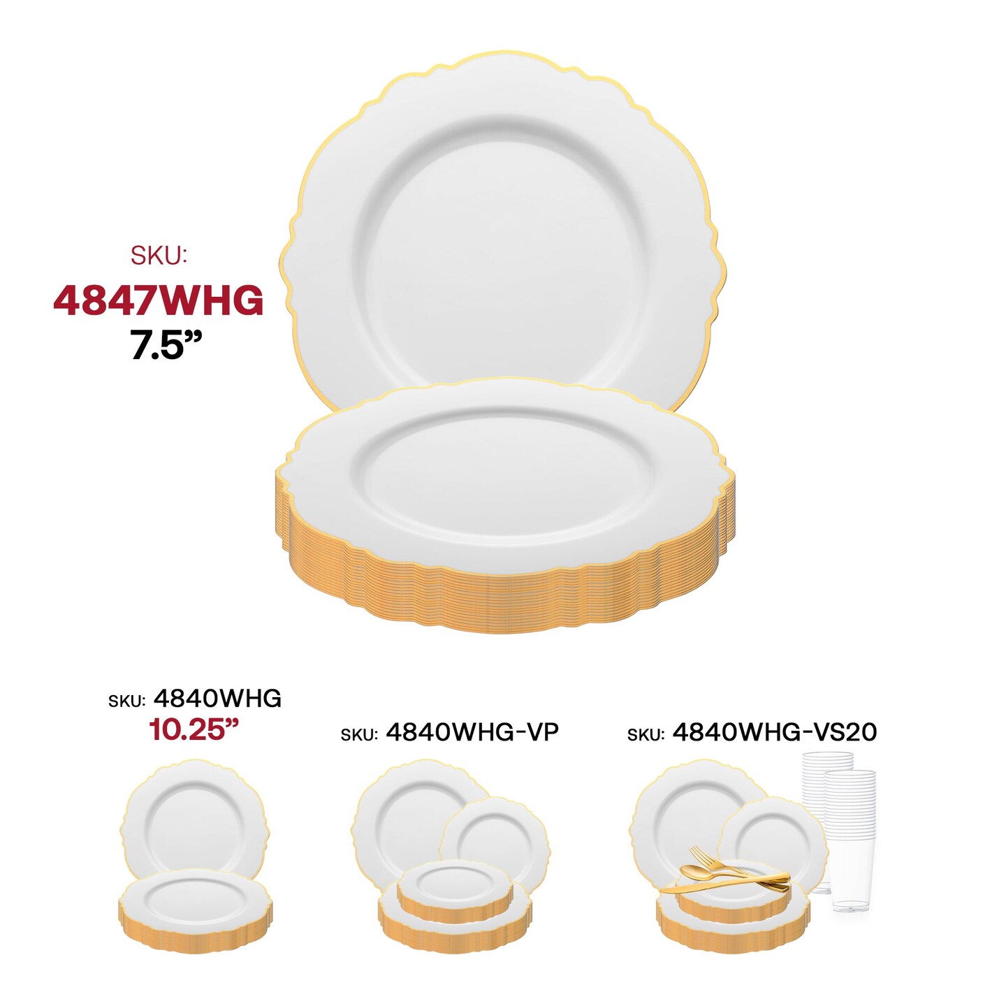 White with Gold Rim Round Blossom Disposable Plastic Appetizer/Salad Plates - 7.5" (120 Plates)