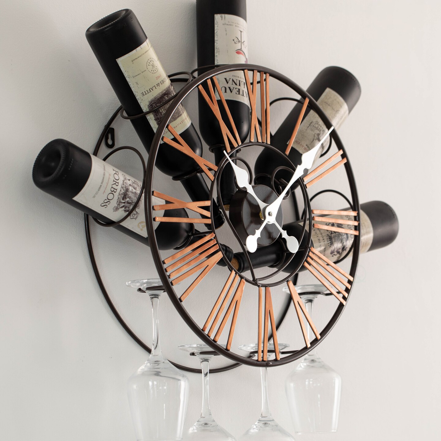 Vintiquewise Wall-Mounted Clock Design Wine Holder with Stemware Rack - Unique Shelf for Champagne, White & Red Wine Organizer with 4 Glass Holders, Wine Bottle Display for Home, Kitchen and Bar Decor