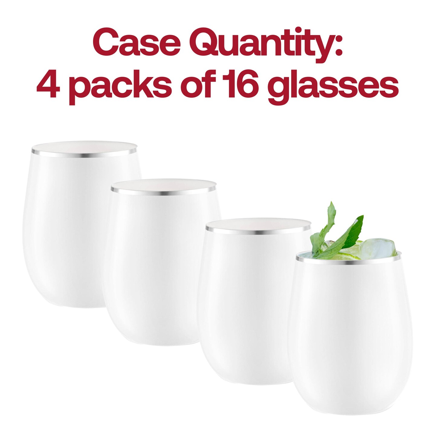 White with Silver Elegant Stemless Plastic Wine Glasses - 12 oz. (64 Glasses)